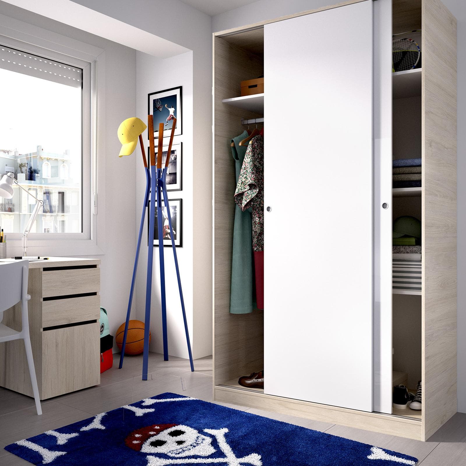 Armadio 120x204 h cm in legno naturale con ante scorrevoli in legno bianco lucido - Cosby