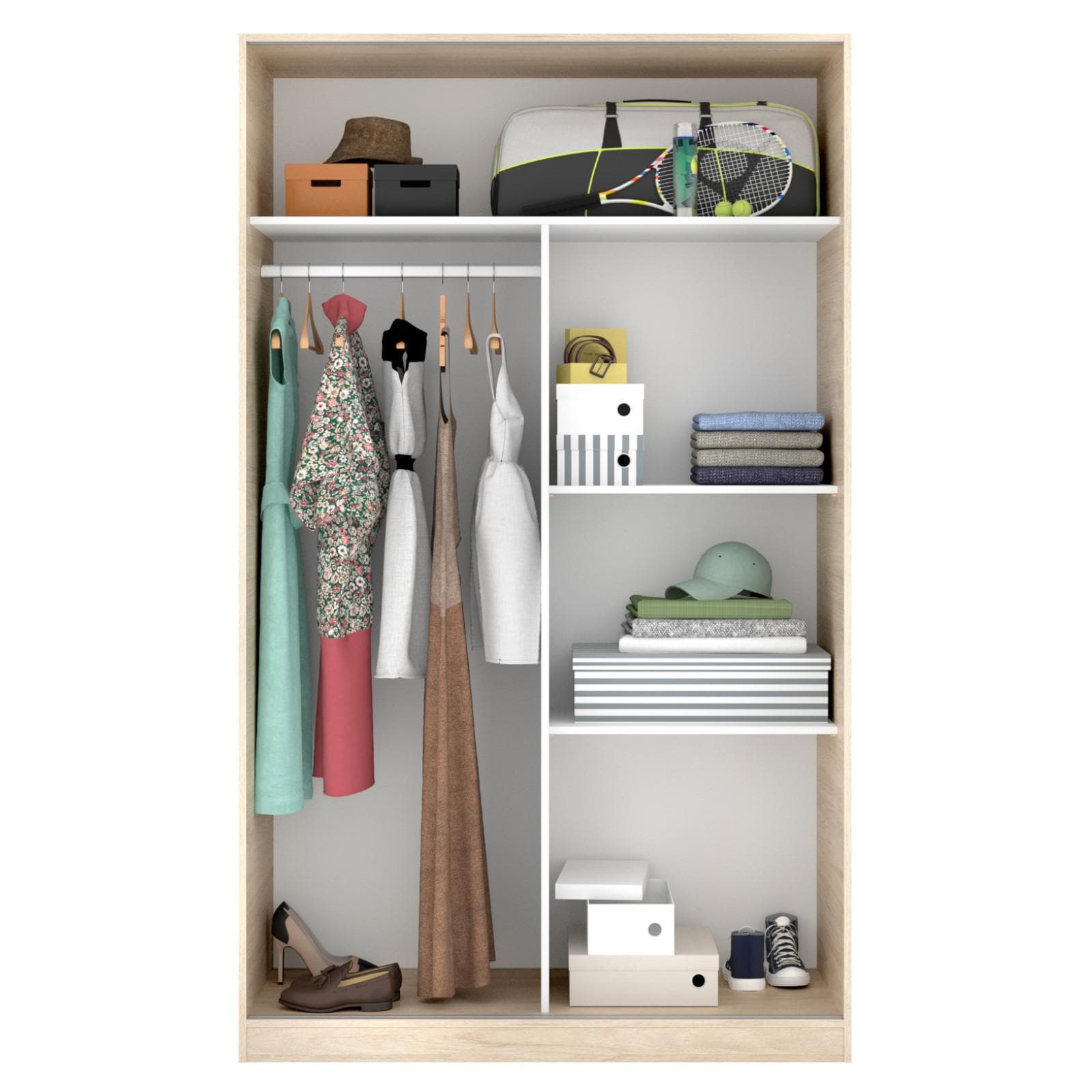 Armadio 120x204 h cm in legno naturale con ante scorrevoli in legno bianco lucido - Cosby
