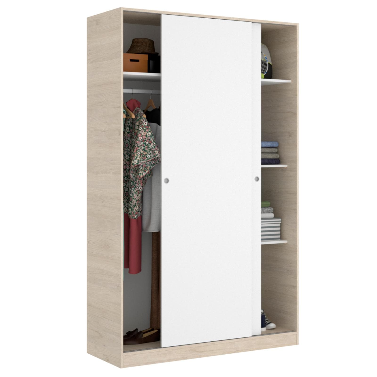 Armadio 120x204 h cm in legno naturale con ante scorrevoli in legno bianco lucido - Cosby