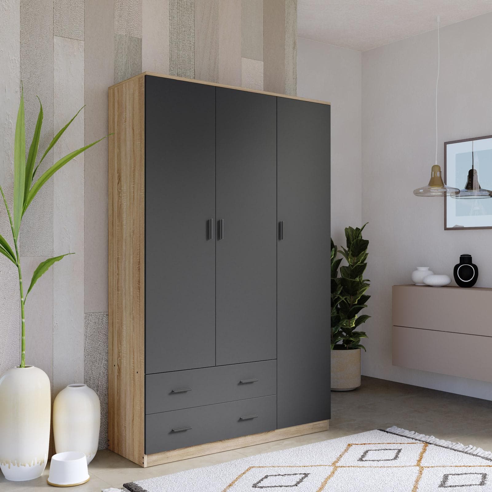 Armadio 120x190h cm con 3 ante battenti e 2 cassetti antracite e rovere - Axel