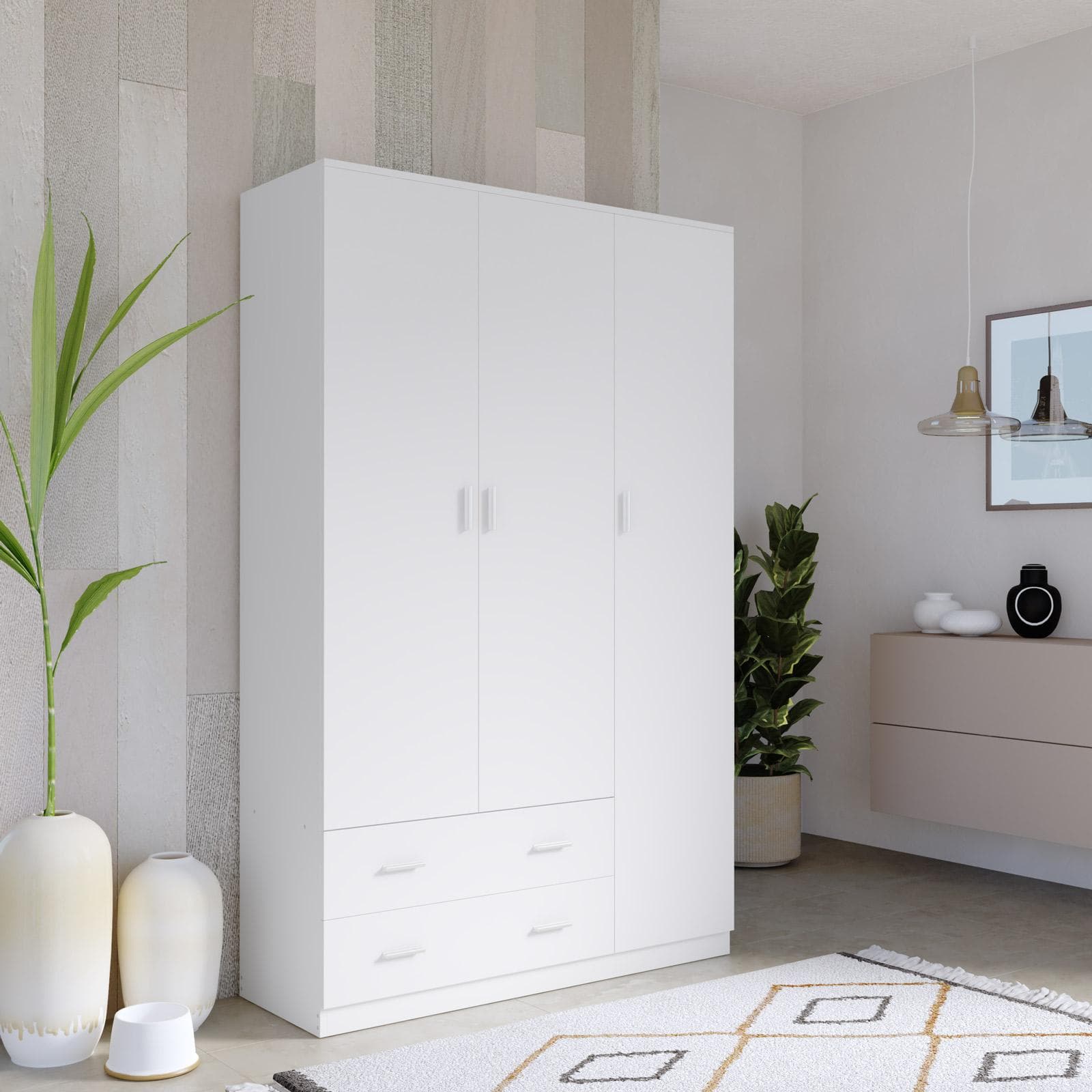 Armadio 120x190h cm con 3 ante battenti e 2 cassetti bianco opaco - Axel