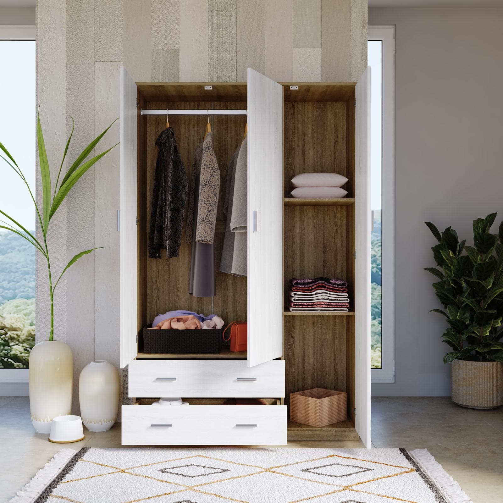 Armadio 120x190h cm con 3 ante battenti e 2 cassetti bianco frassino e rovere - Axel