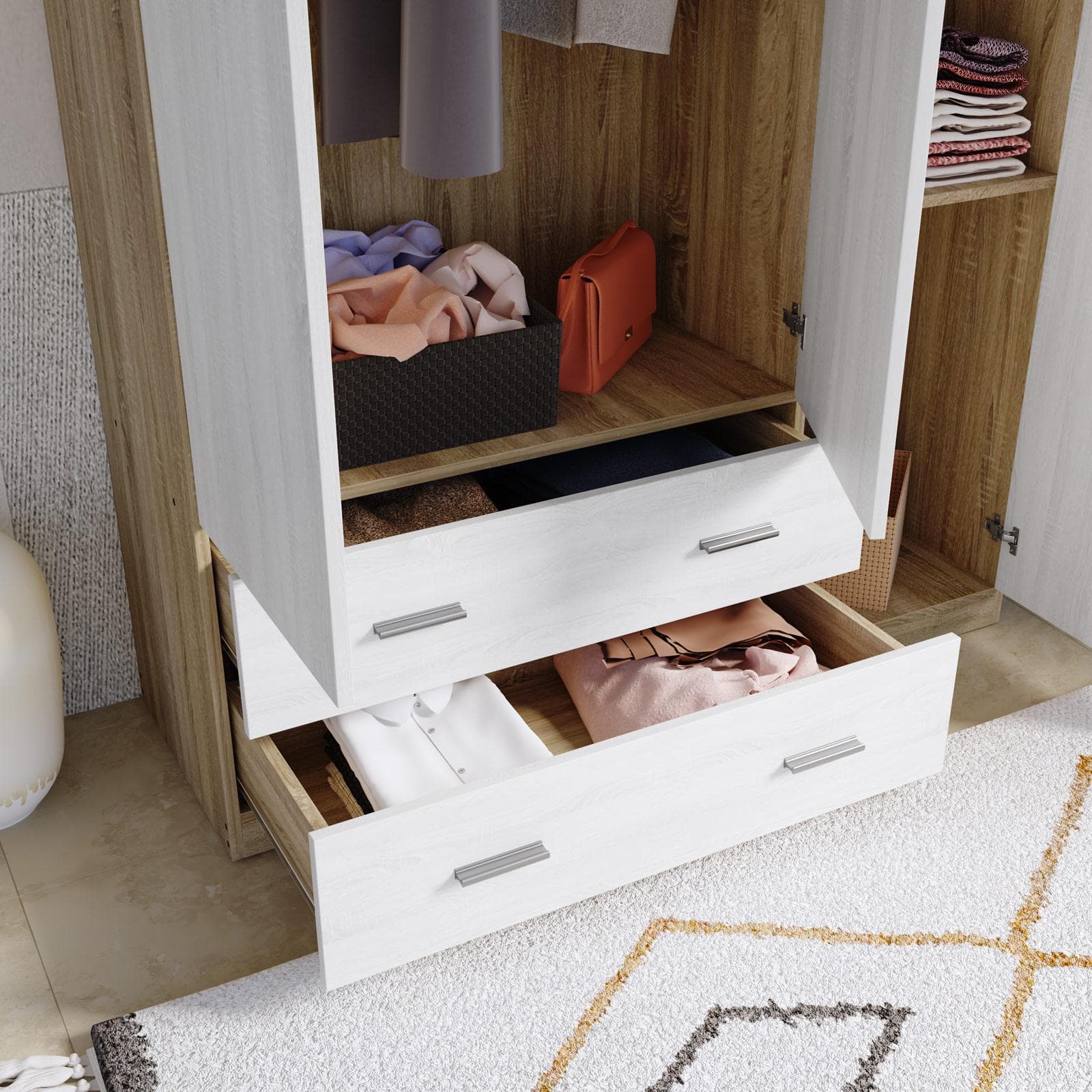 Armadio 120x190h cm con 3 ante battenti e 2 cassetti bianco frassino e rovere - Axel