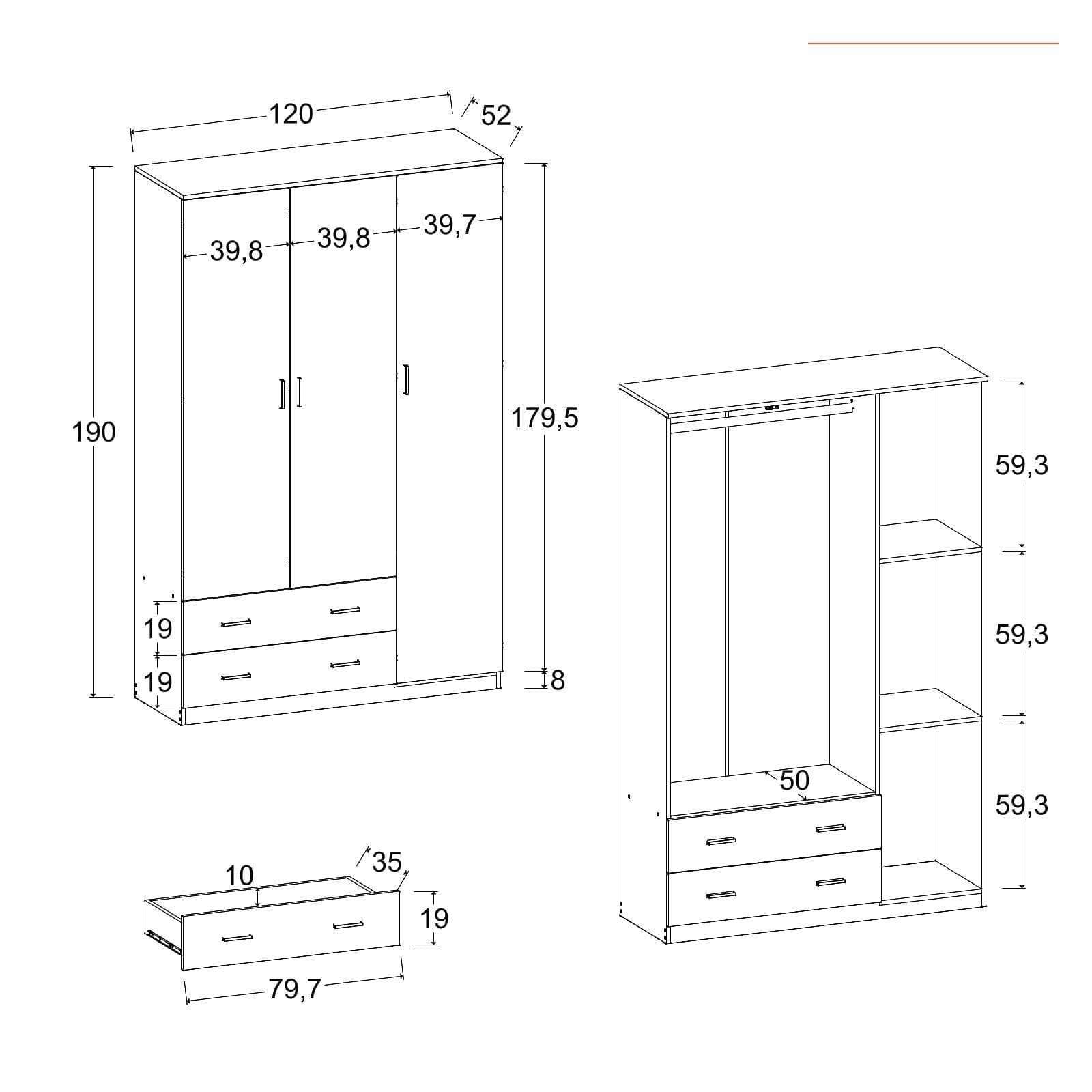 Armadio 120x190h cm con 3 ante battenti e 2 cassetti bianco frassino e rovere - Axel