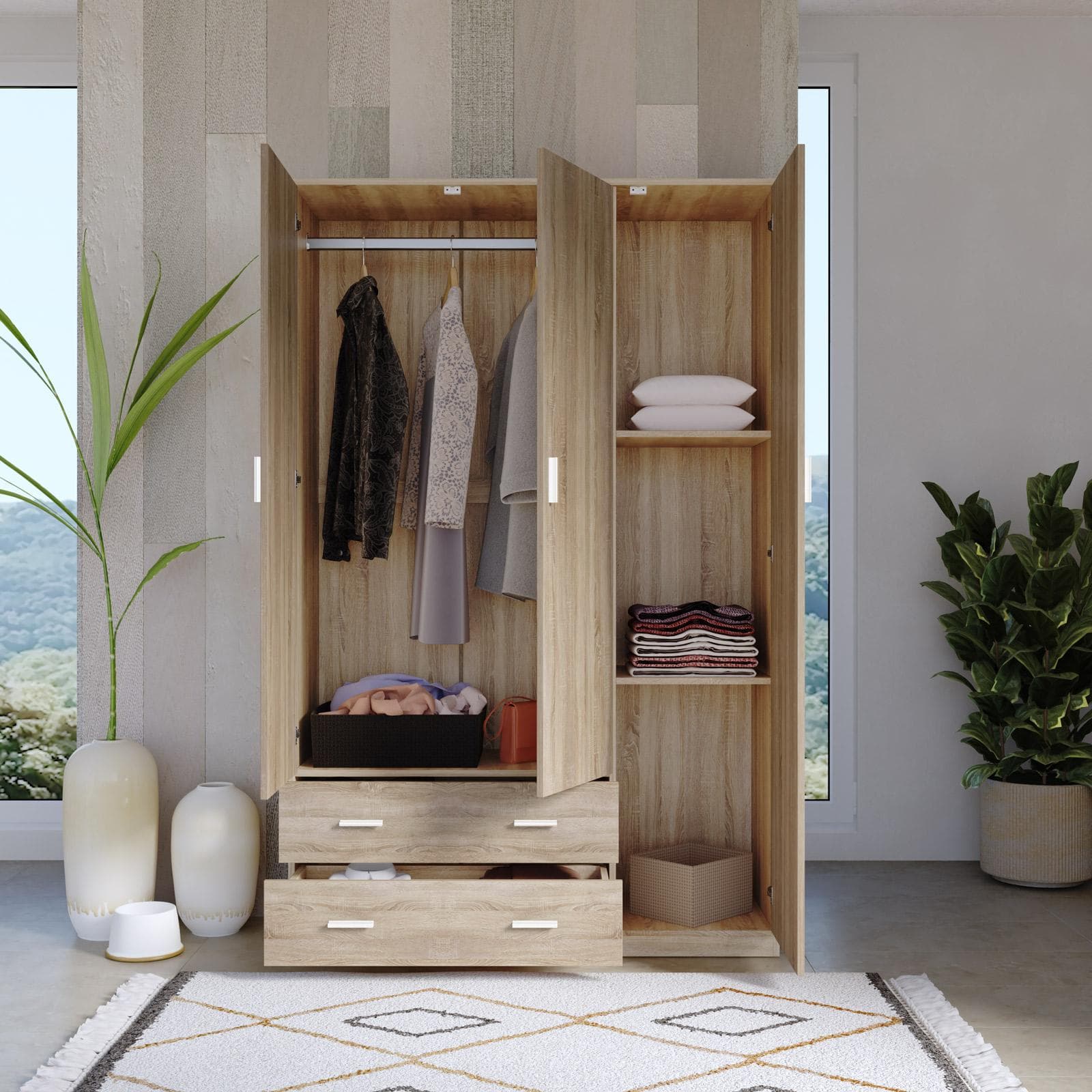 Armadio 120x190h cm con 3 ante battenti e 2 cassetti rovere - Axel