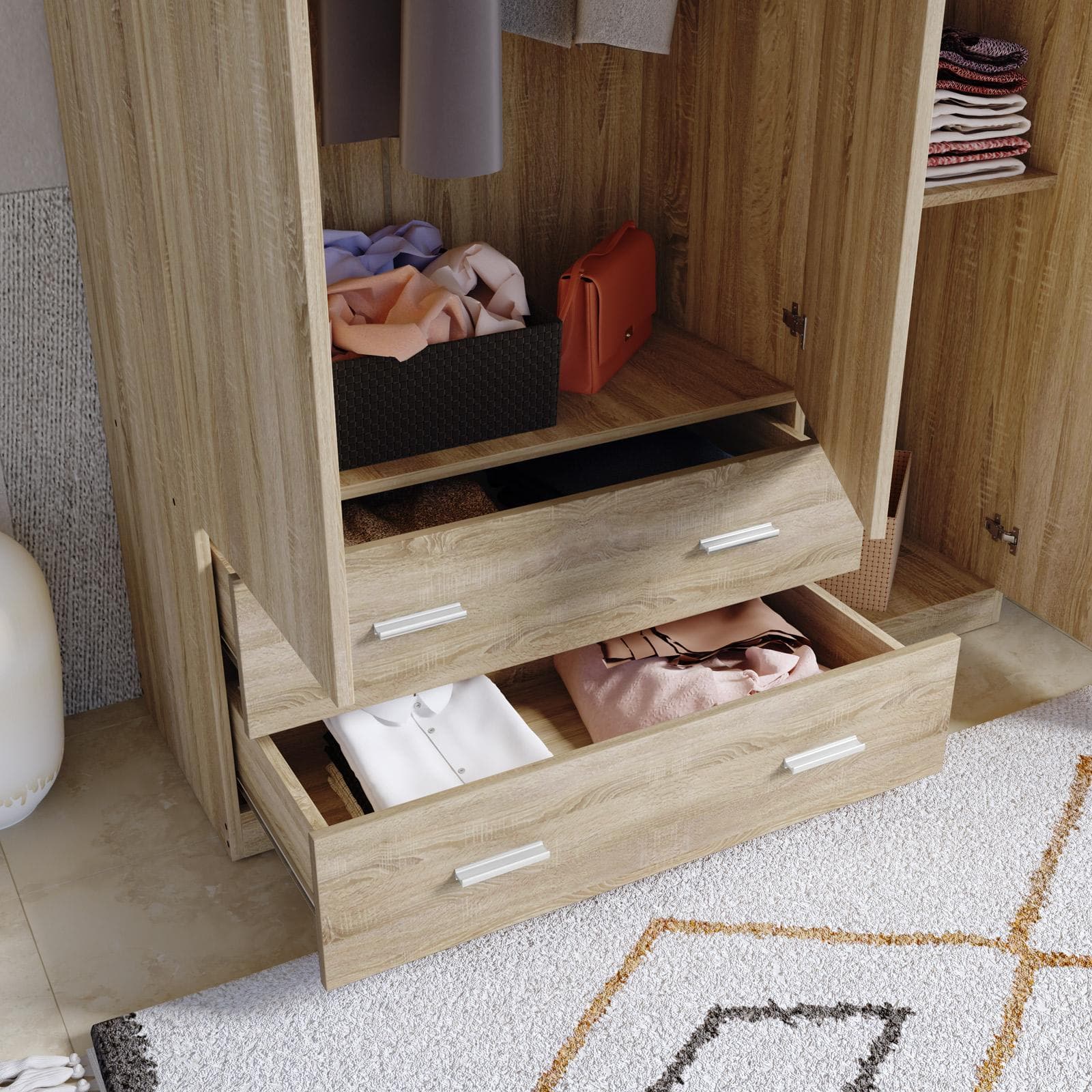 Armadio 120x190h cm con 3 ante battenti e 2 cassetti rovere - Axel