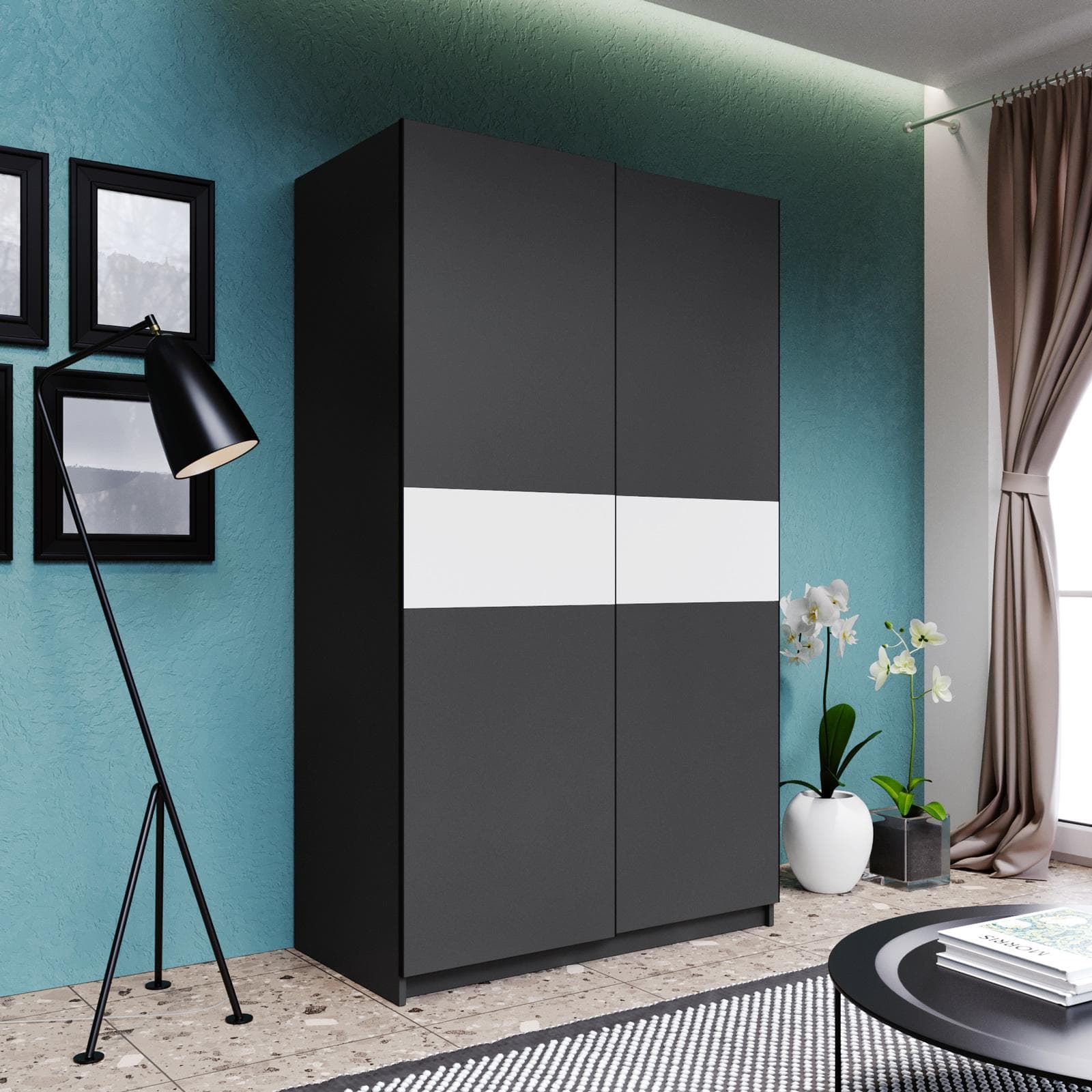 Armadio 120x205h cm con 2 ante scorrevoli antracite e inserto bianco - Essex