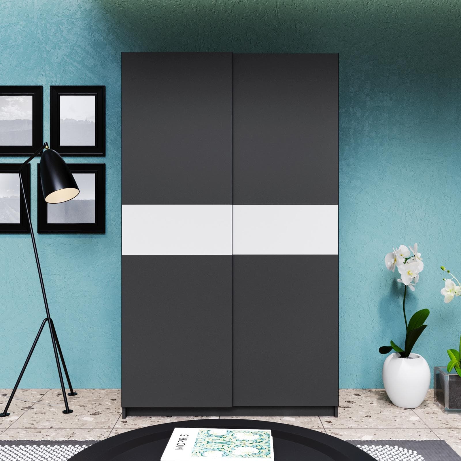 Armadio 120x205h cm con 2 ante scorrevoli antracite e inserto bianco - Essex