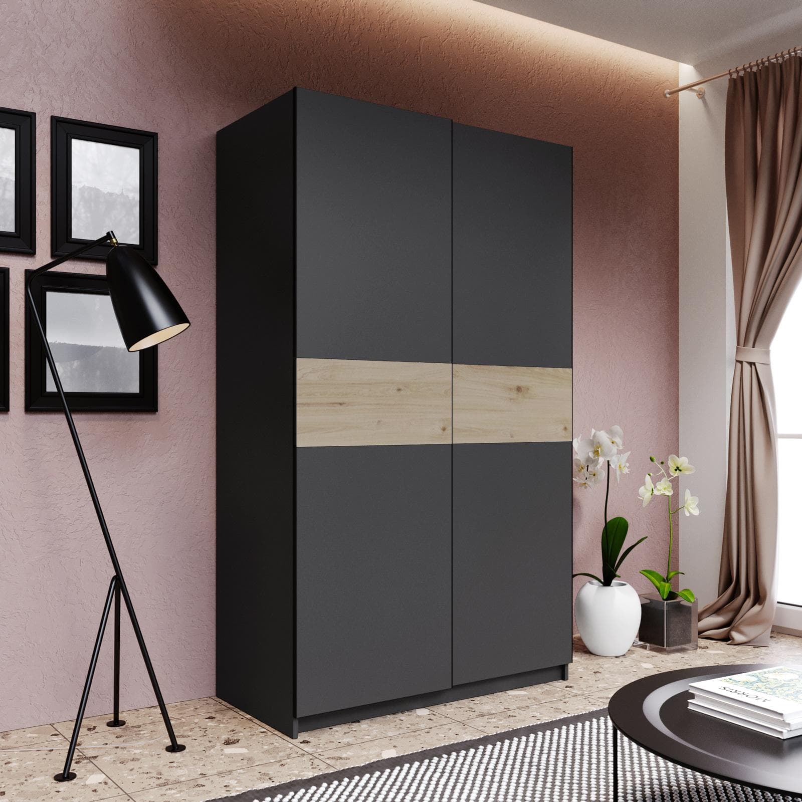 Armadio 120x205h cm con 2 ante scorrevoli antracite e inserto rovere - Essex