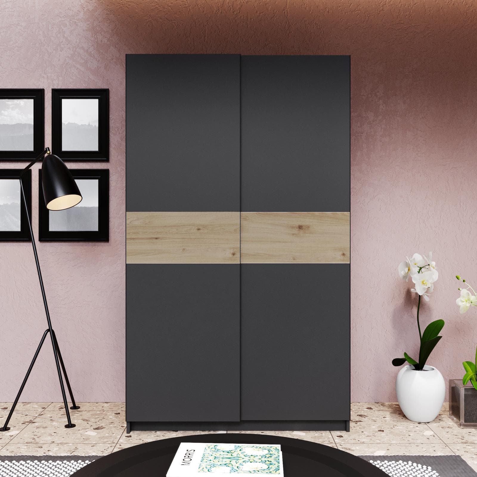 Armadio 120x205h cm con 2 ante scorrevoli antracite e inserto rovere - Essex