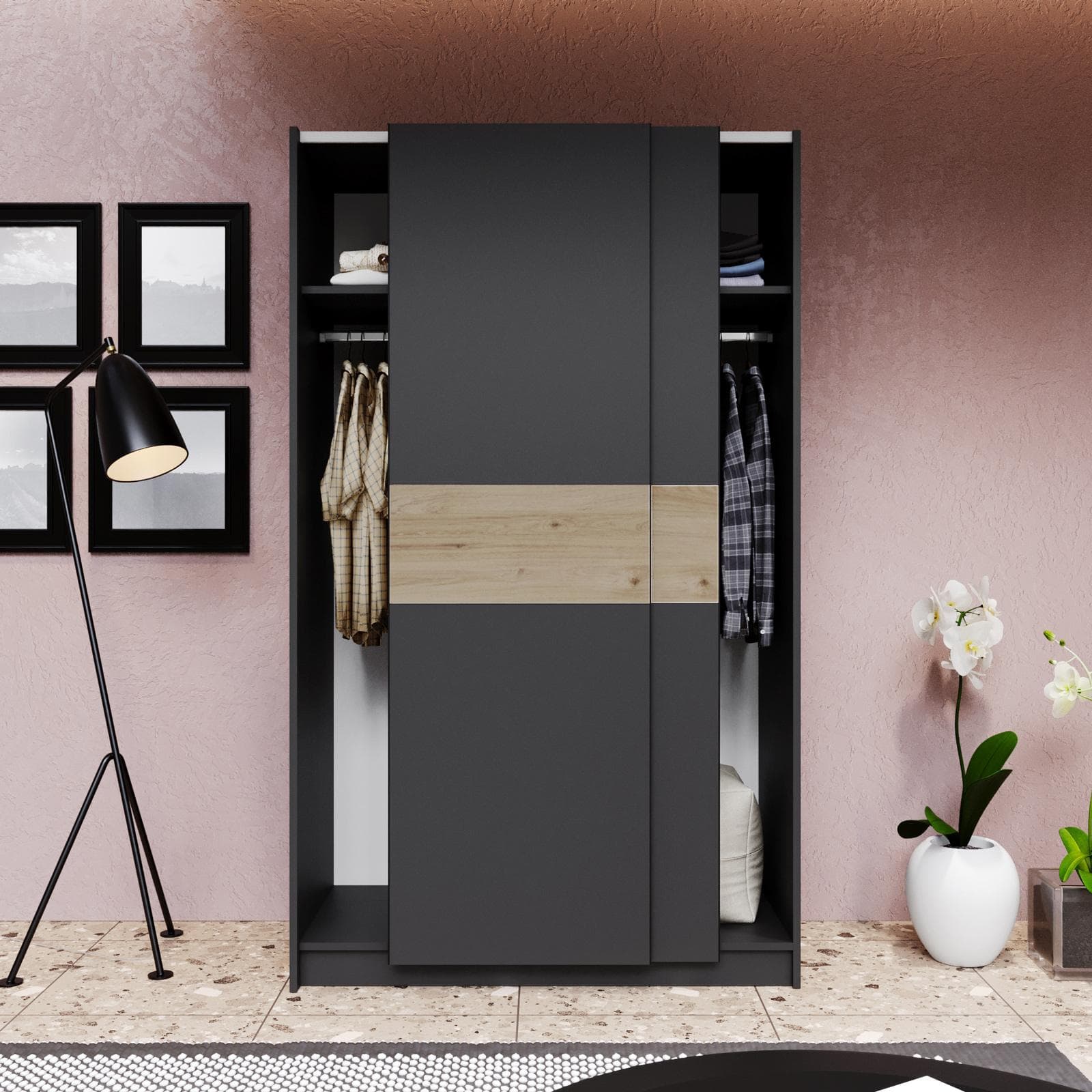 Armadio 120x205h cm con 2 ante scorrevoli antracite e inserto rovere - Essex