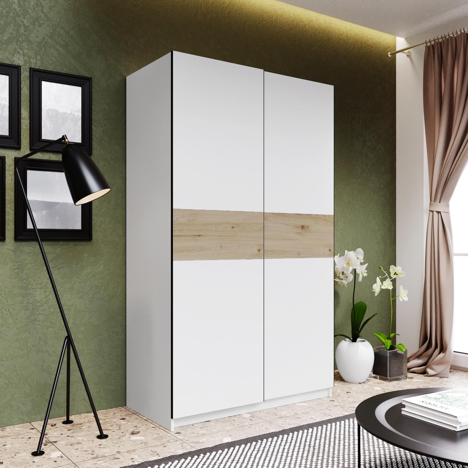 Armadio 120x205h cm con 2 ante scorrevoli bianco con inserto rovere - Essex