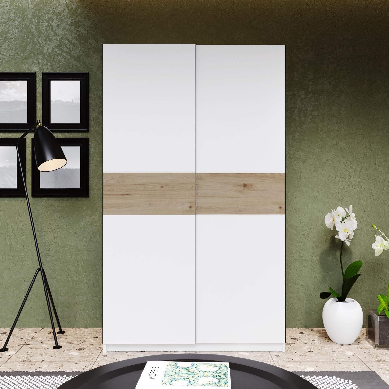 Armadio 120x205h cm con 2 ante scorrevoli bianco con inserto rovere - Essex