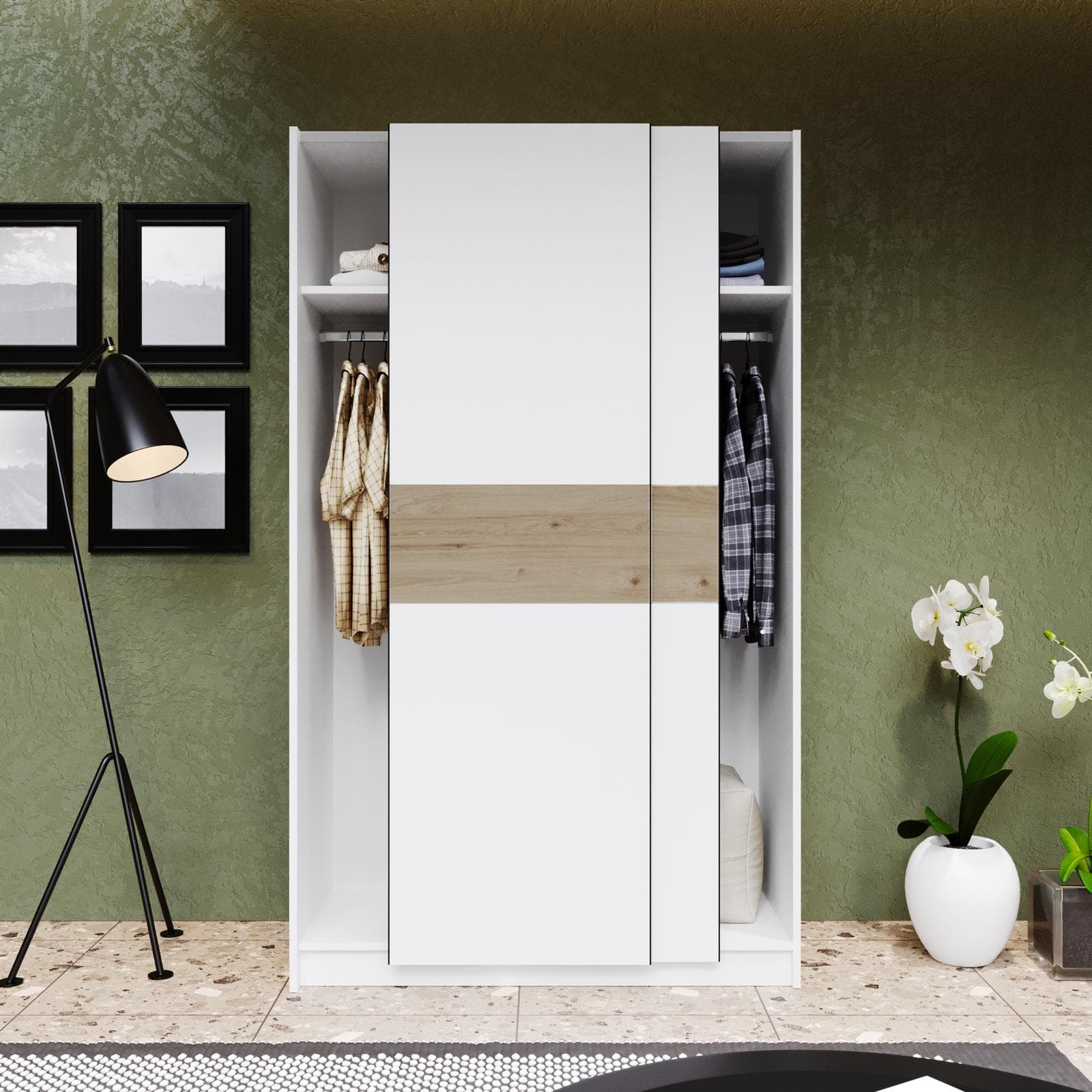 Armadio 120x205h cm con 2 ante scorrevoli bianco con inserto rovere - Essex