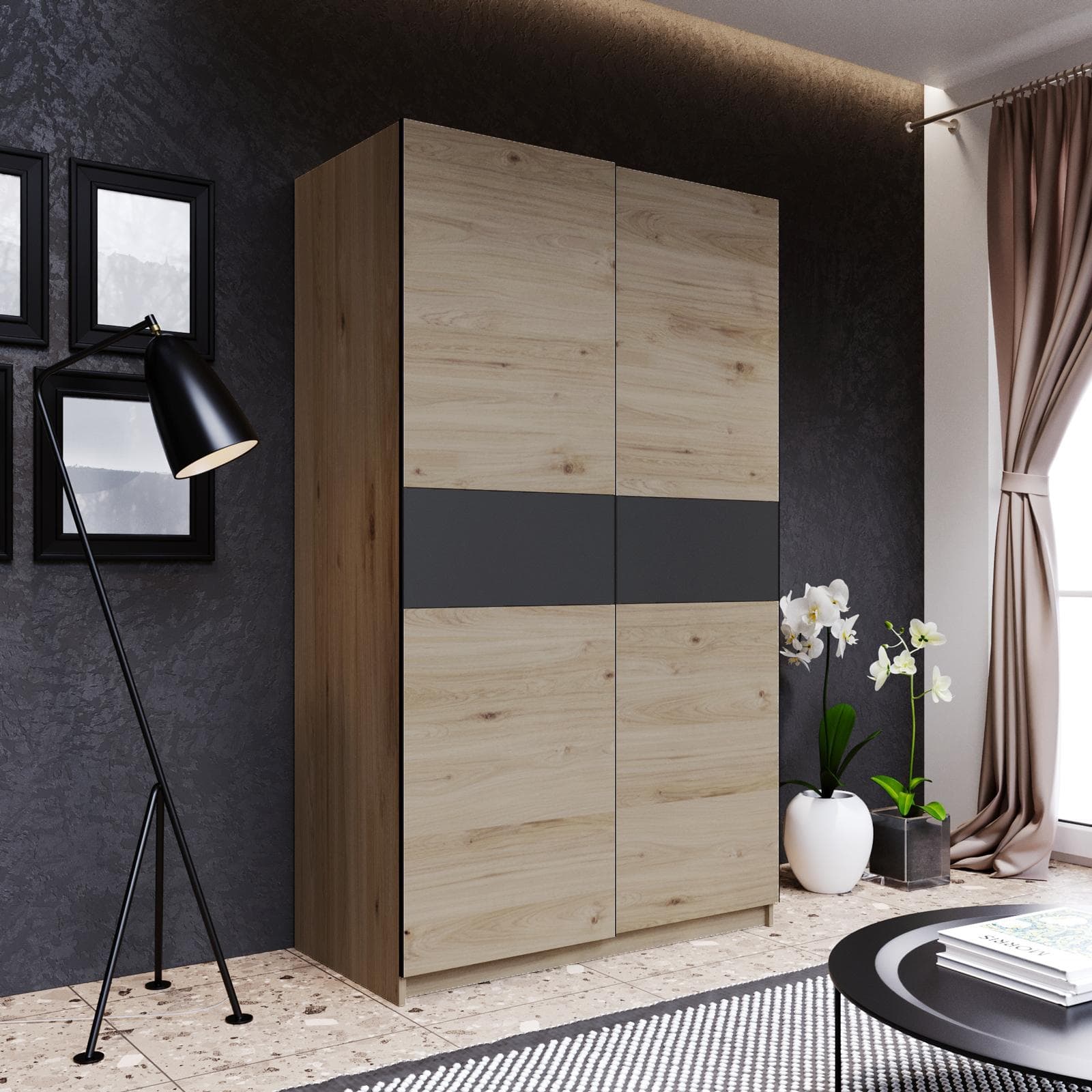 Armadio 120x205h cm con 2 ante scorrevoli rovere con inserto antracite - Essex