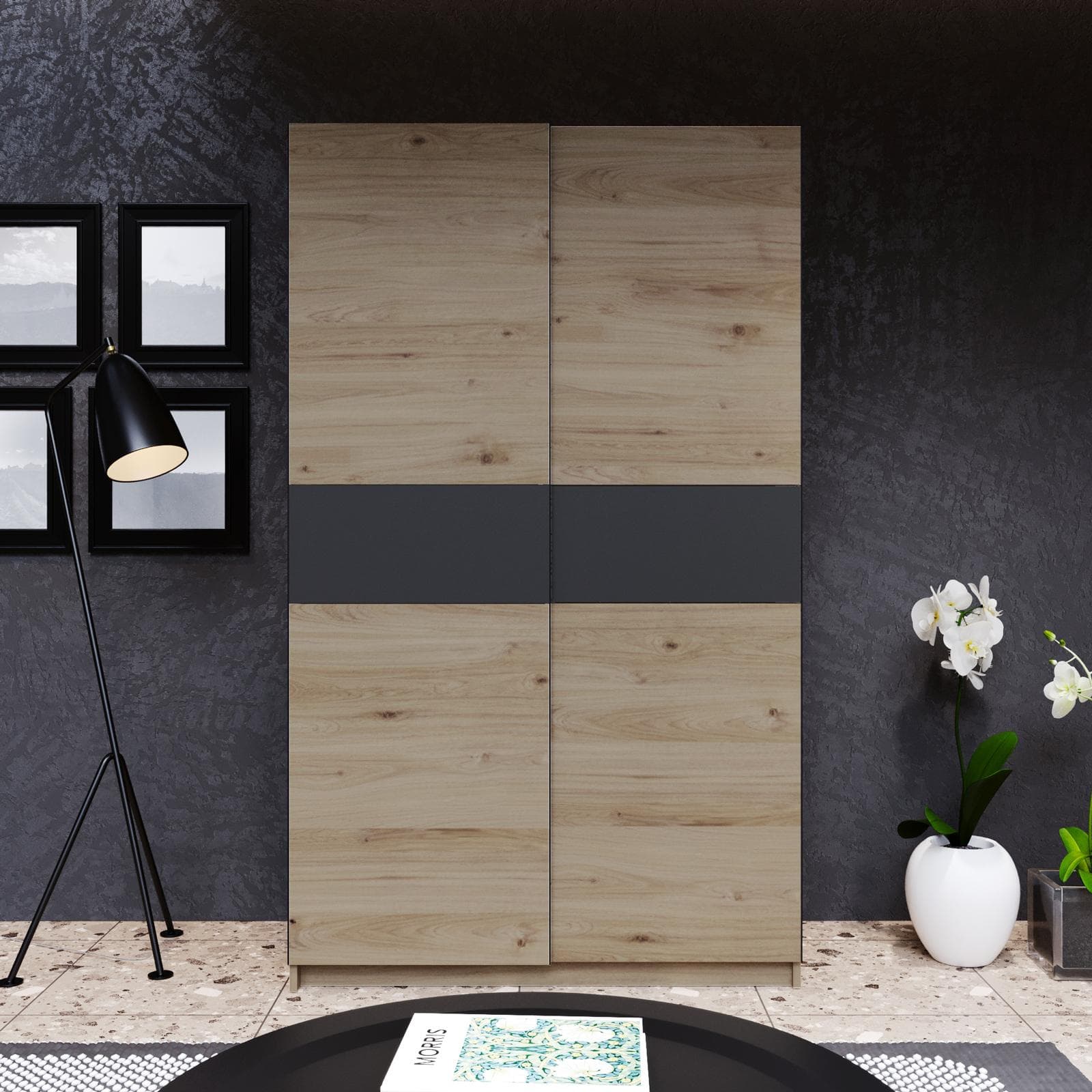 Armadio 120x205h cm con 2 ante scorrevoli rovere con inserto antracite - Essex