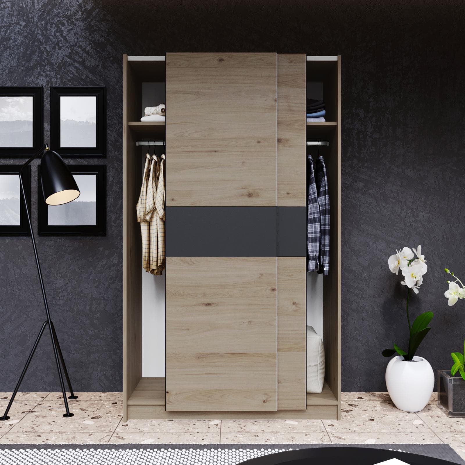 Armadio 120x205h cm con 2 ante scorrevoli rovere con inserto antracite - Essex