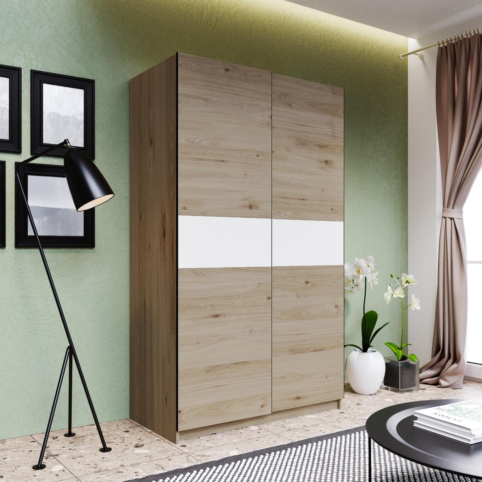 Armadio 120x205h cm con 2 ante scorrevoli rovere con inserto bianco - Essex