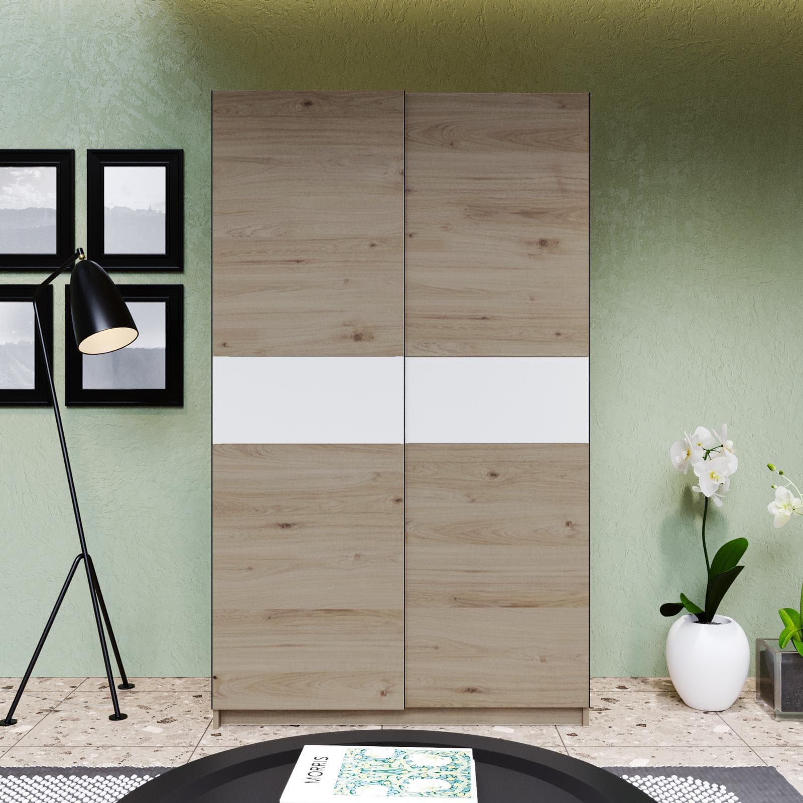 Armadio 120x205h cm con 2 ante scorrevoli rovere con inserto bianco - Essex