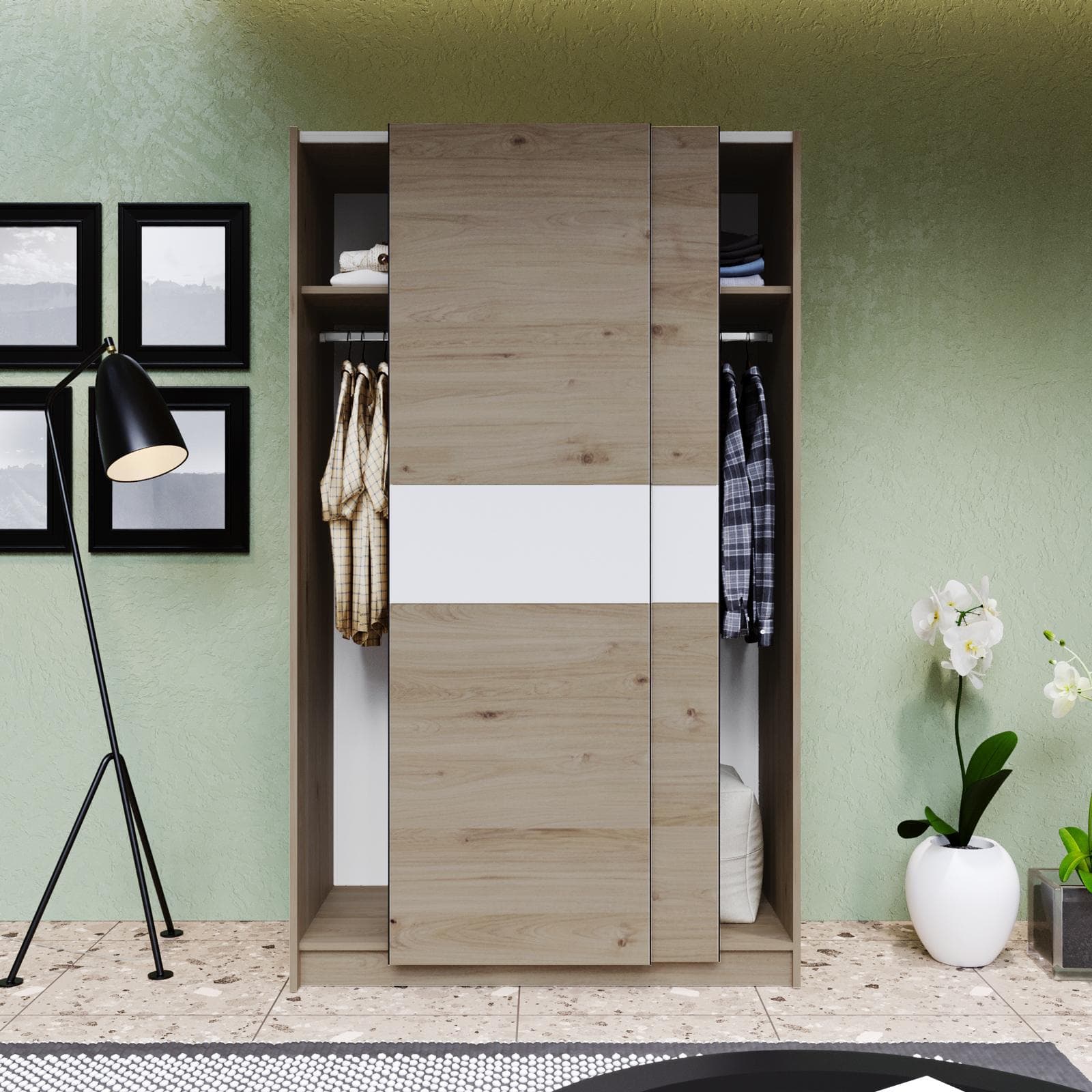 Armadio 120x205h cm con 2 ante scorrevoli rovere con inserto bianco - Essex