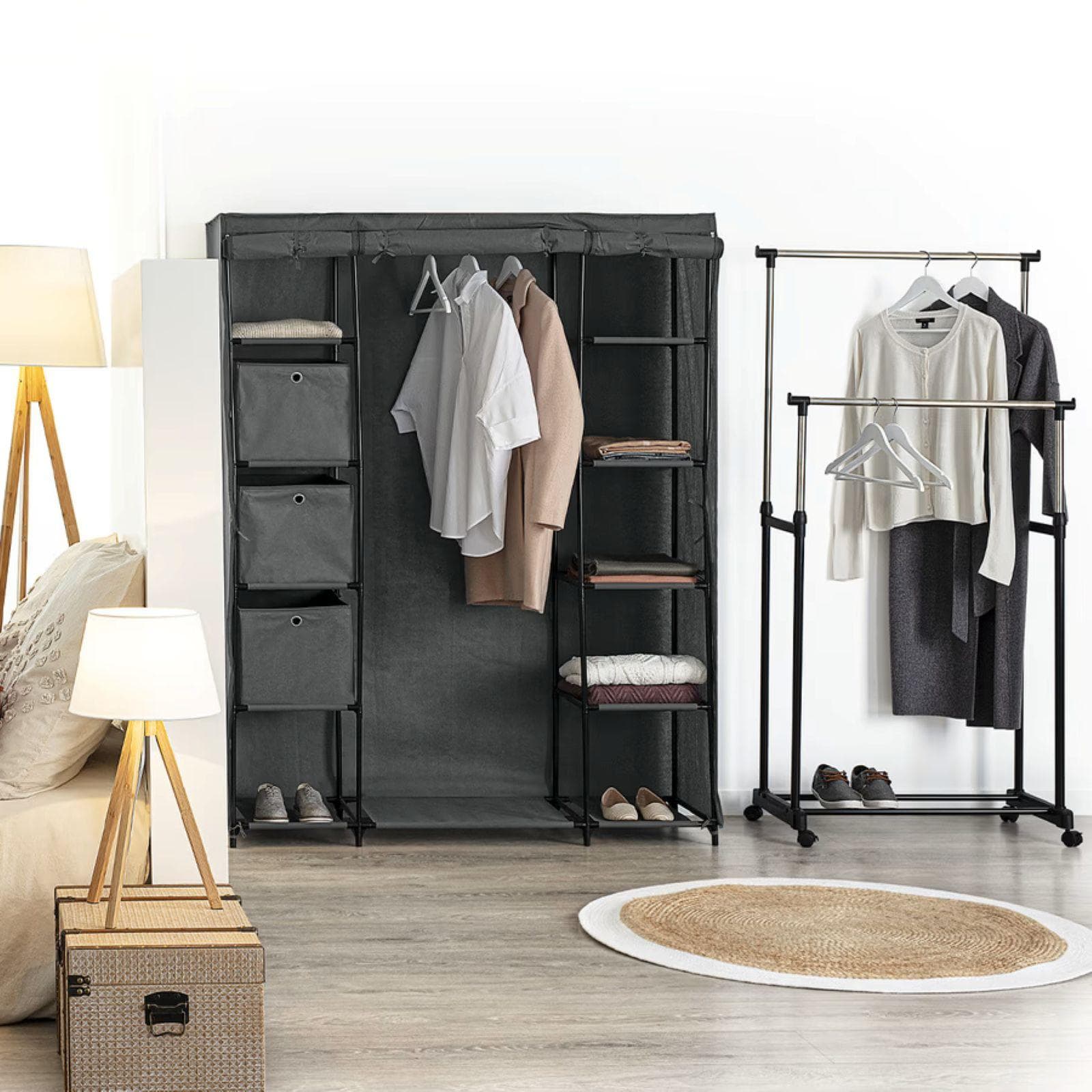 Armadio 135x170h cm in acciaio nero con ripiani e cassetti in tessuto e copertura grigio