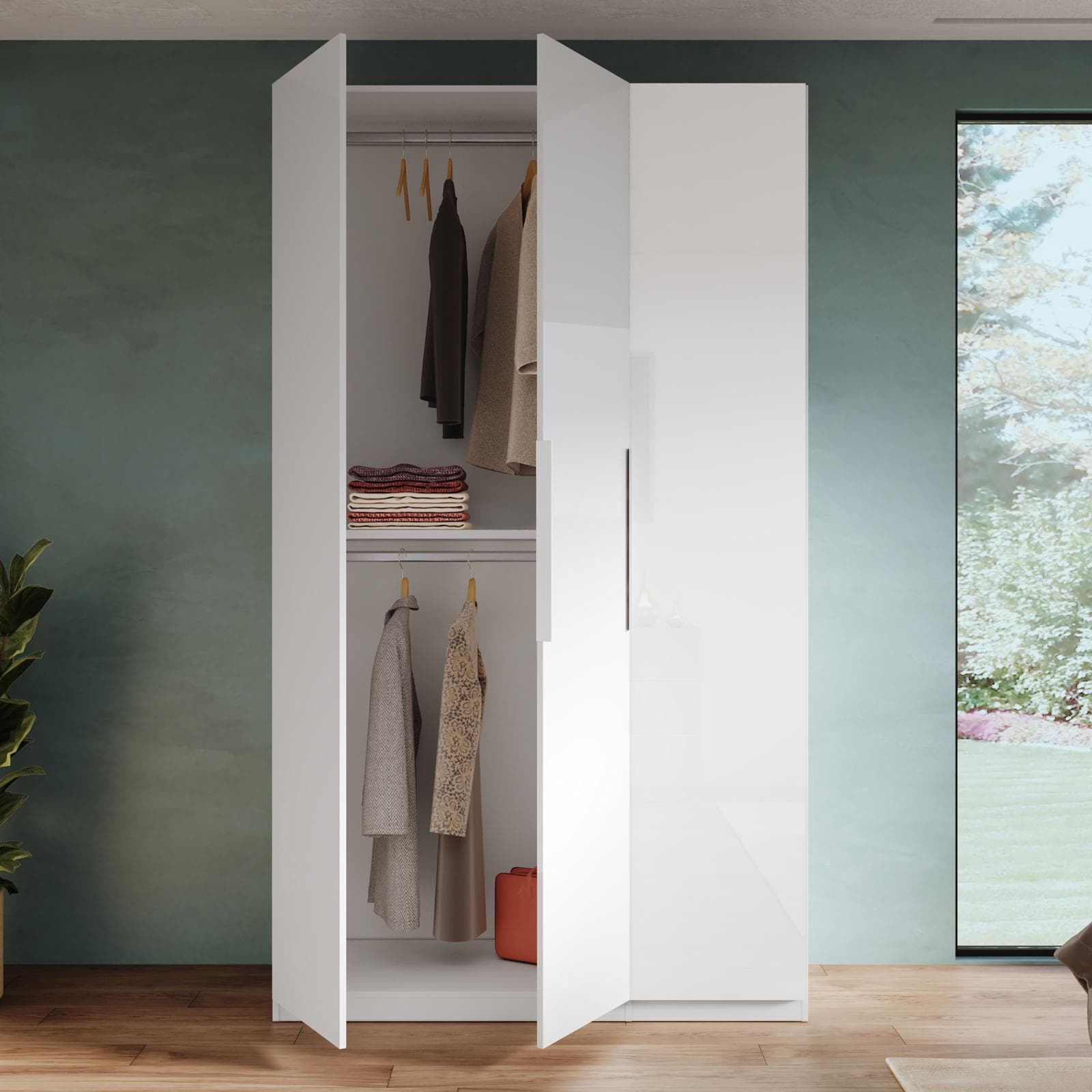 Armadio battente 137x240h cm 3 ante reversibili con soft close bianco lucido - Cindy