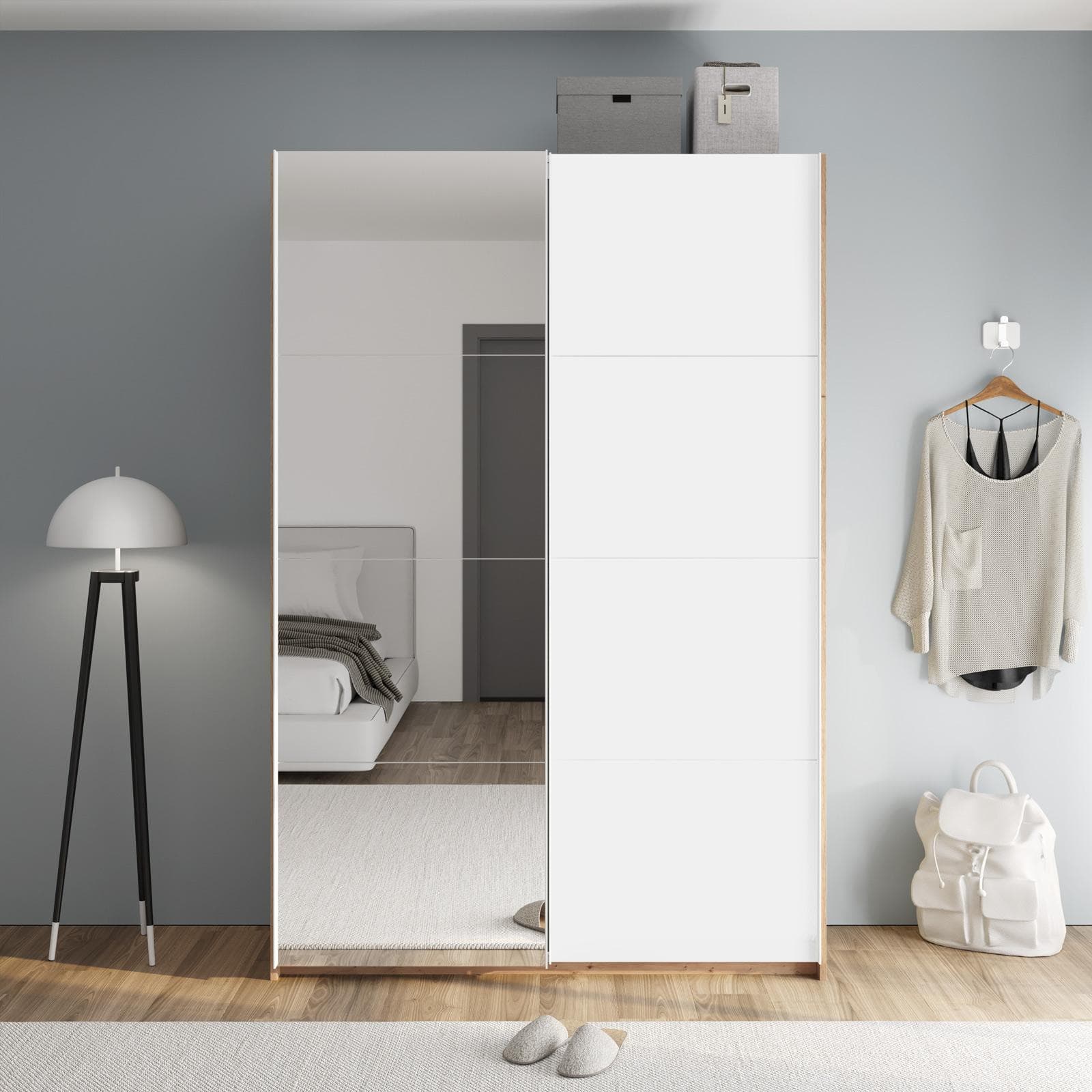 Armadio 150x223h cm rovere artisan con due ante scorrevoli bianco opaco e specchio - Alen