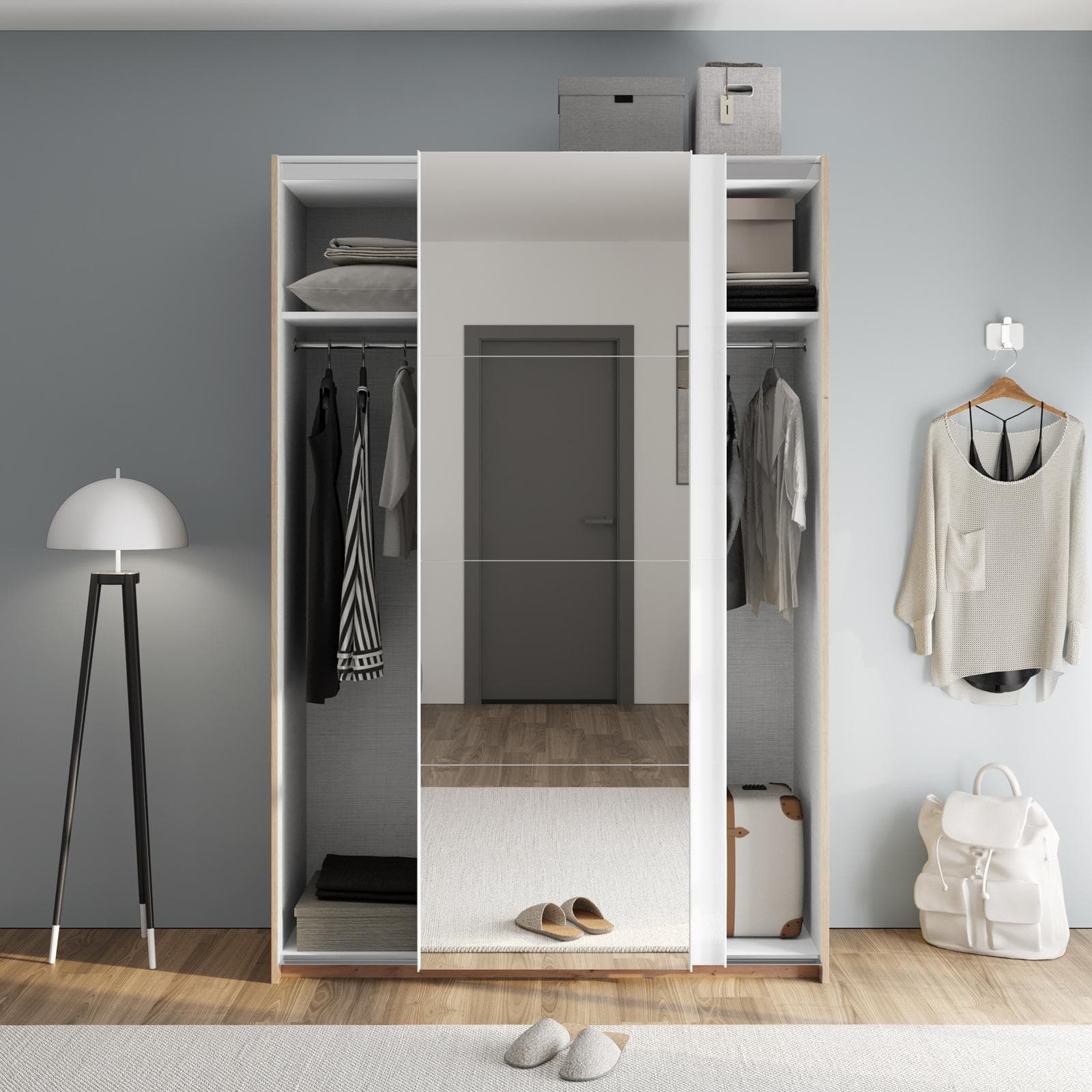 Armadio 150x223h cm rovere artisan con due ante scorrevoli bianco opaco e specchio - Alen