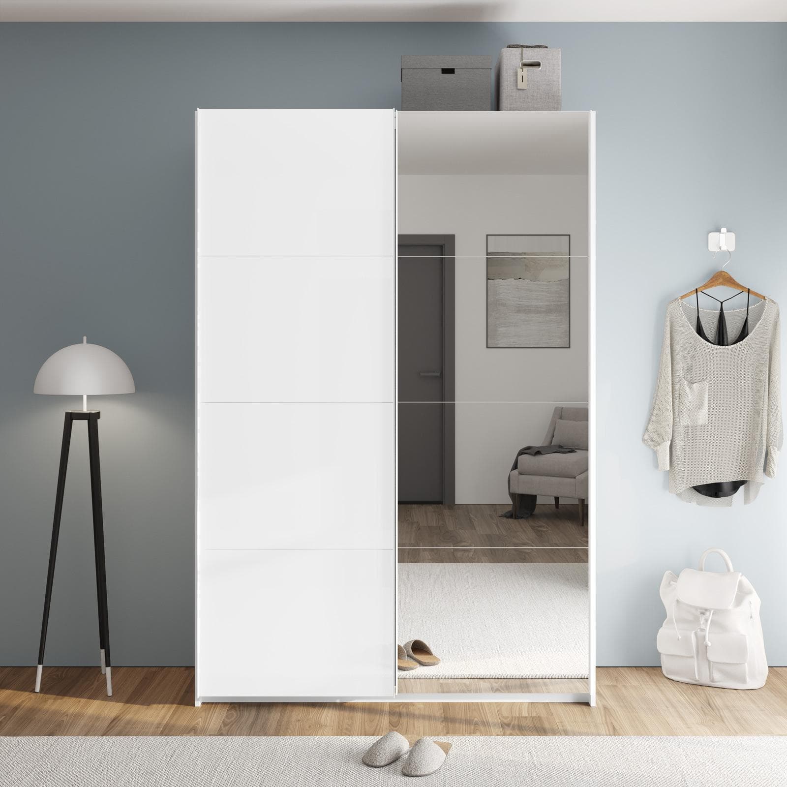 Armadio 150x223h cm con due ante scorrevoli bianco opaco e specchio - Alen