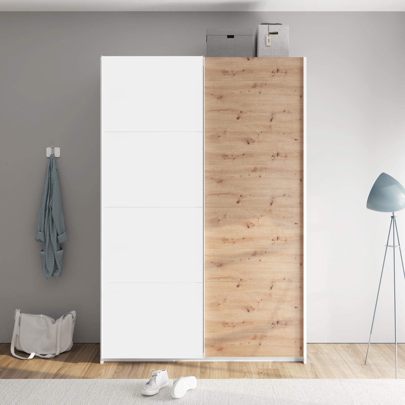 Armadio 150x223h cm con due ante scorrevoli rovere artisan e bianco opaco - Alen