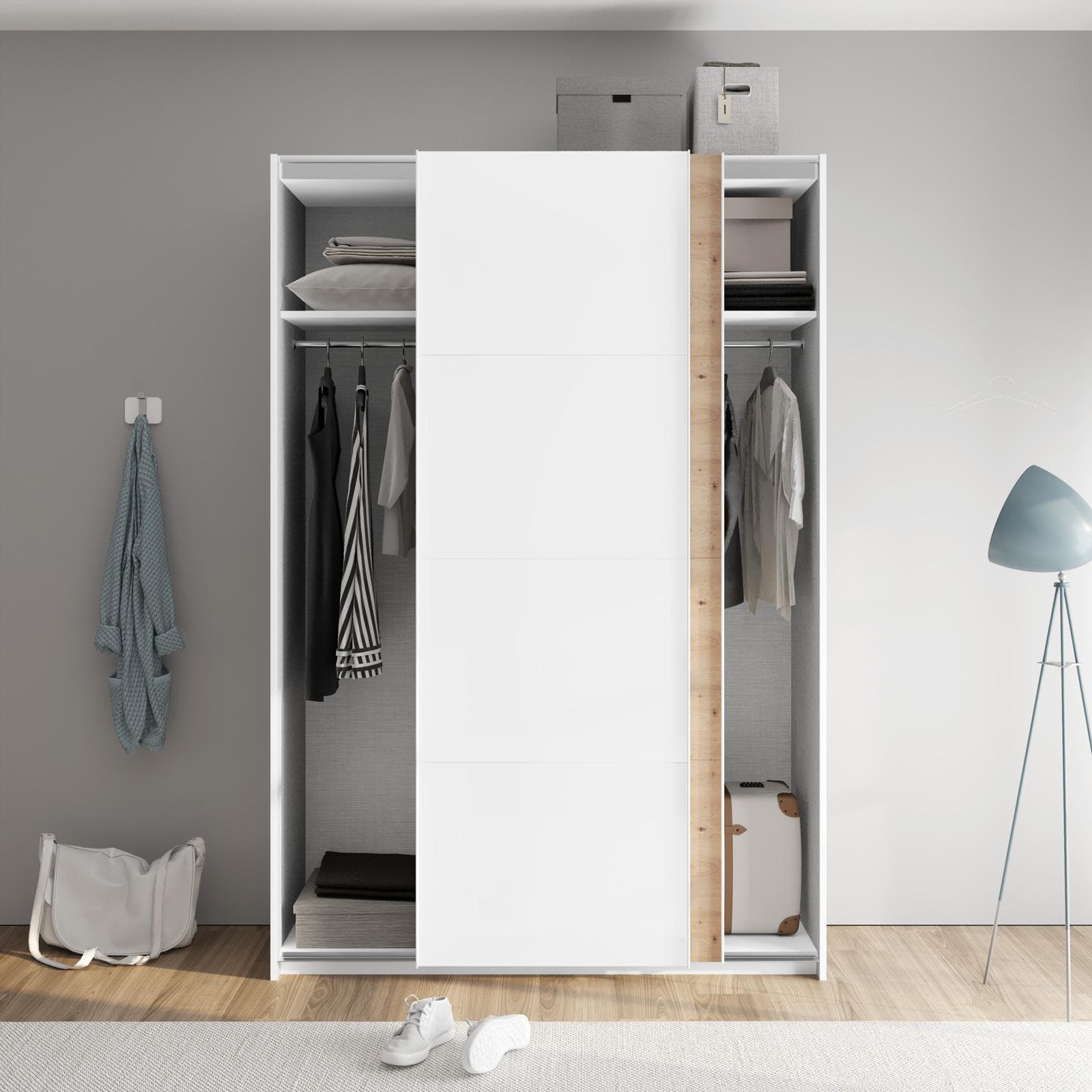 Armadio 150x223h cm con due ante scorrevoli rovere artisan e bianco opaco - Alen