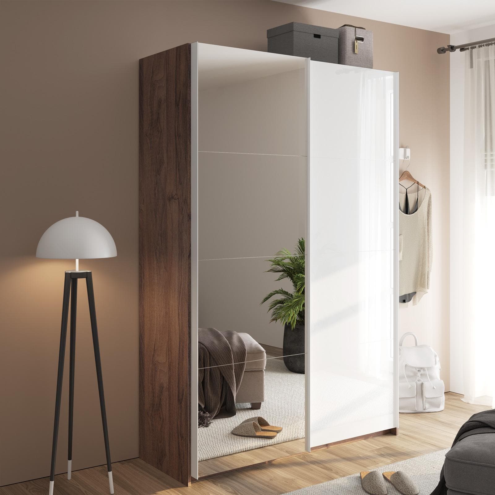 Armadio 150x223h cm noce brera con due ante scorrevoli bianco lucido e specchio - Alen