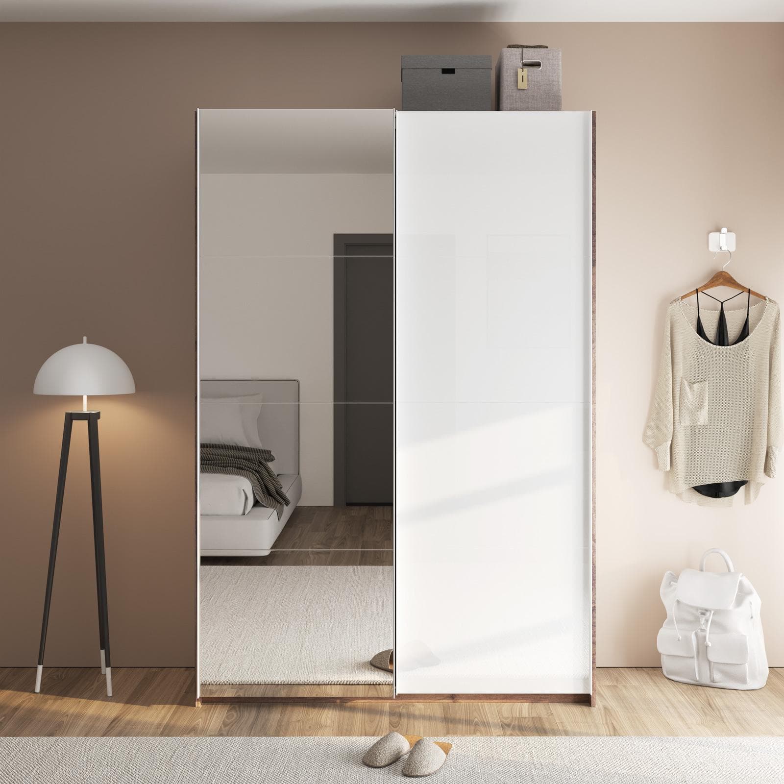 Armadio 150x223h cm noce brera con due ante scorrevoli bianco lucido e specchio - Alen