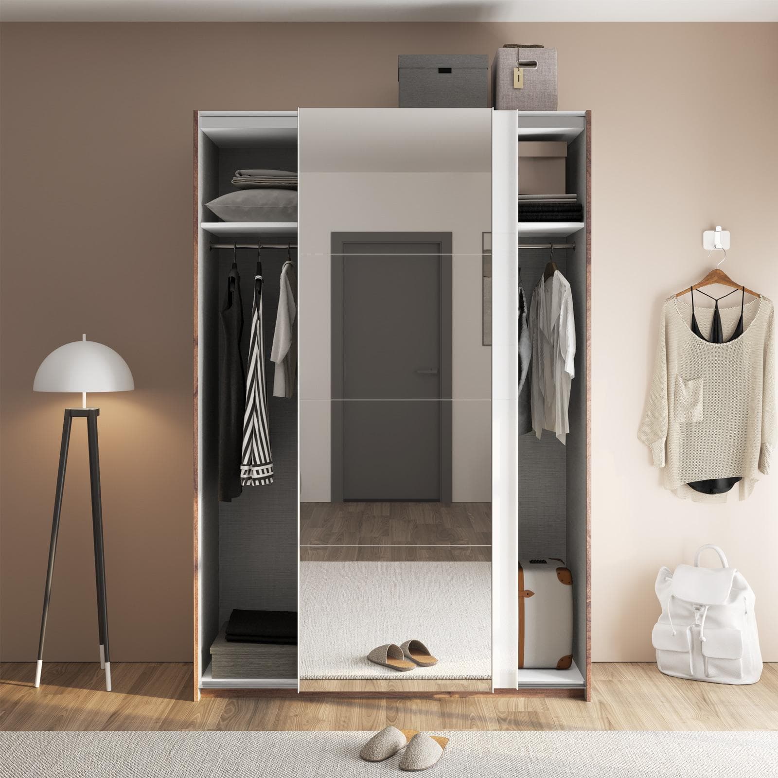 Armadio 150x223h cm noce brera con due ante scorrevoli bianco lucido e specchio - Alen