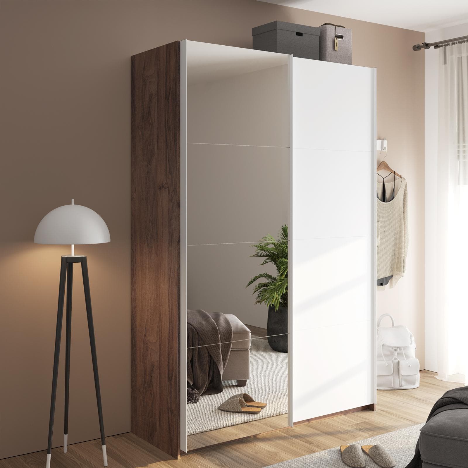 Armadio 150x223h cm noce brera con due ante scorrevoli bianco opaco e specchio - Alen