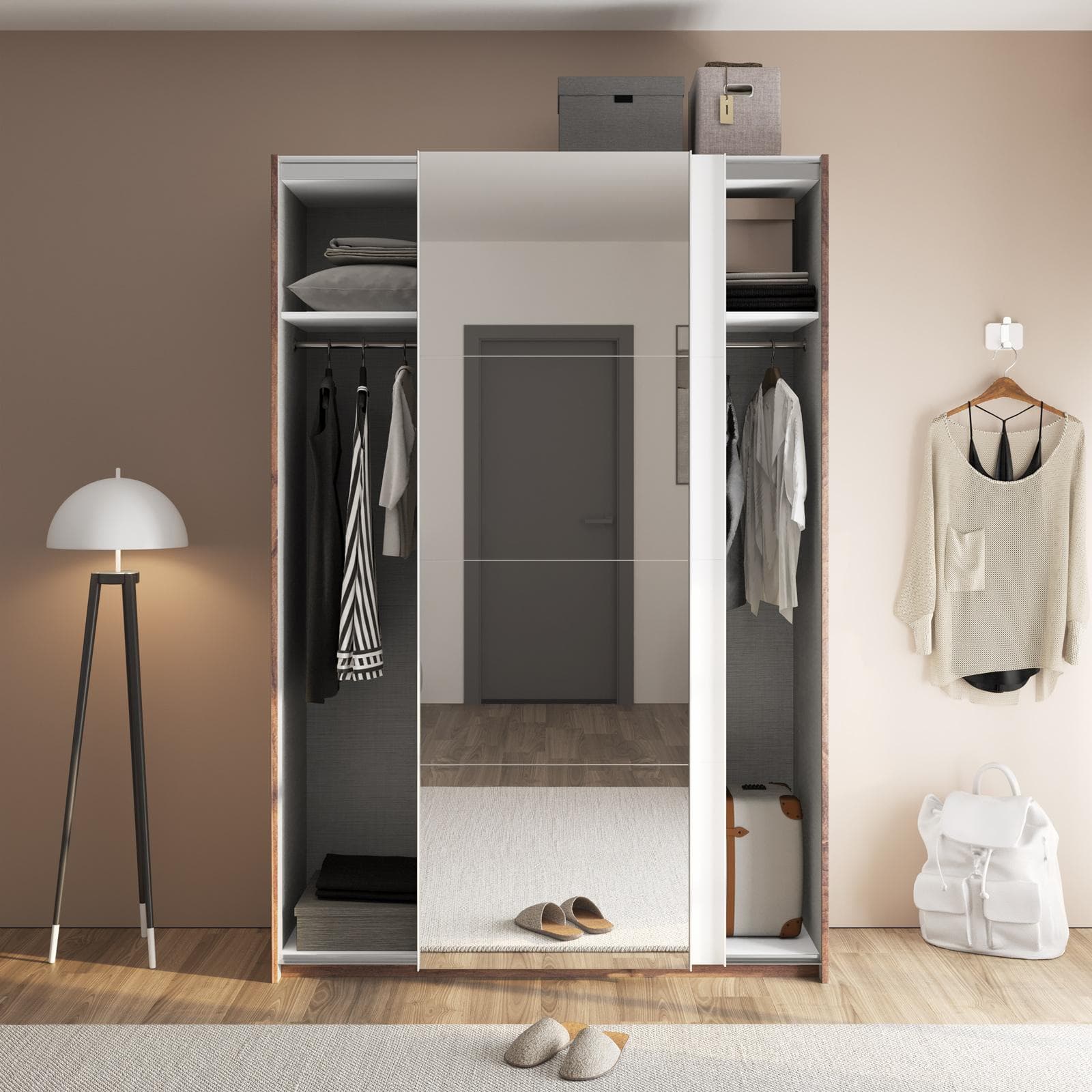 Armadio 150x223h cm noce brera con due ante scorrevoli bianco opaco e specchio - Alen