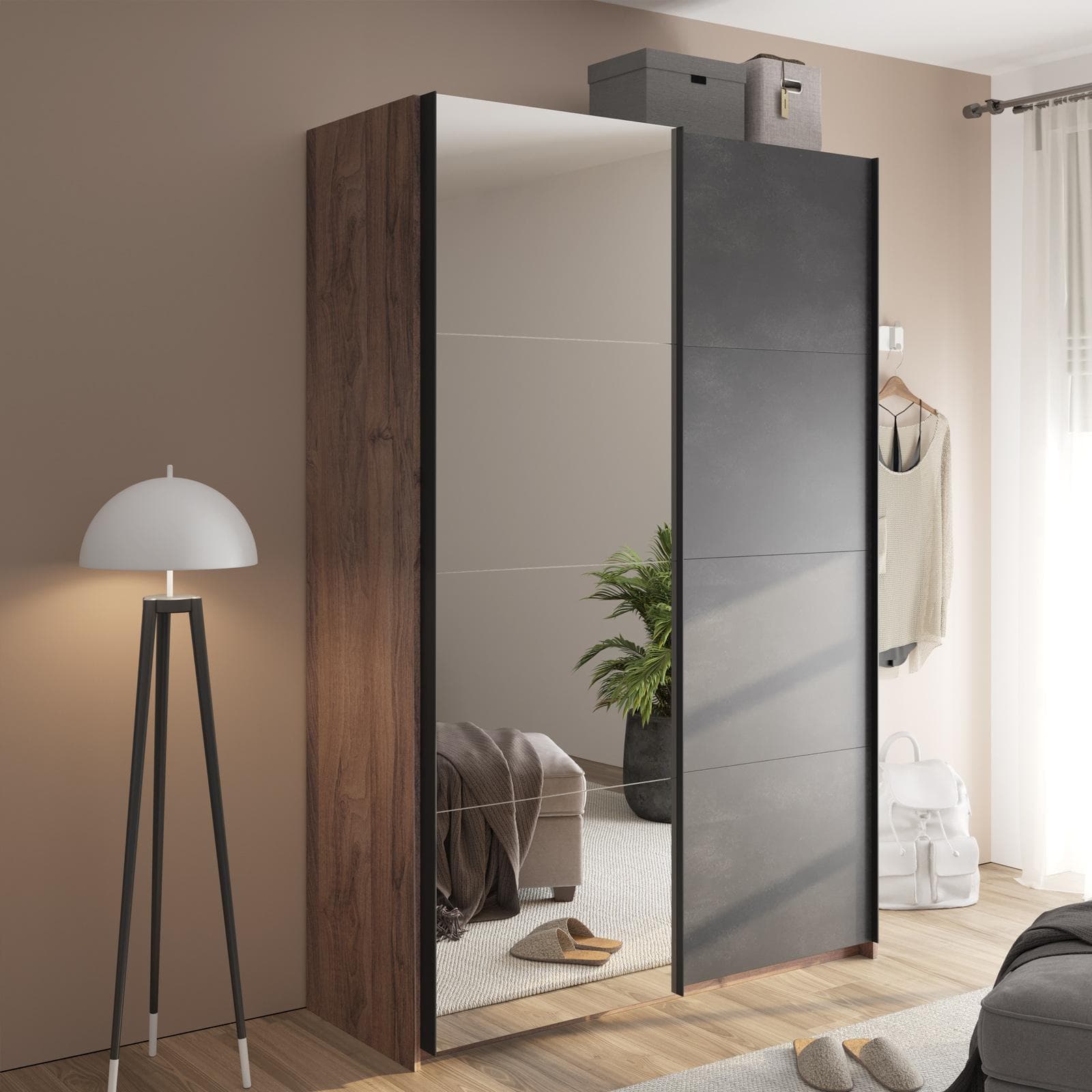 Armadio 150x223h cm noce brera con due ante scorrevoli grigio tadao e specchio - Alen