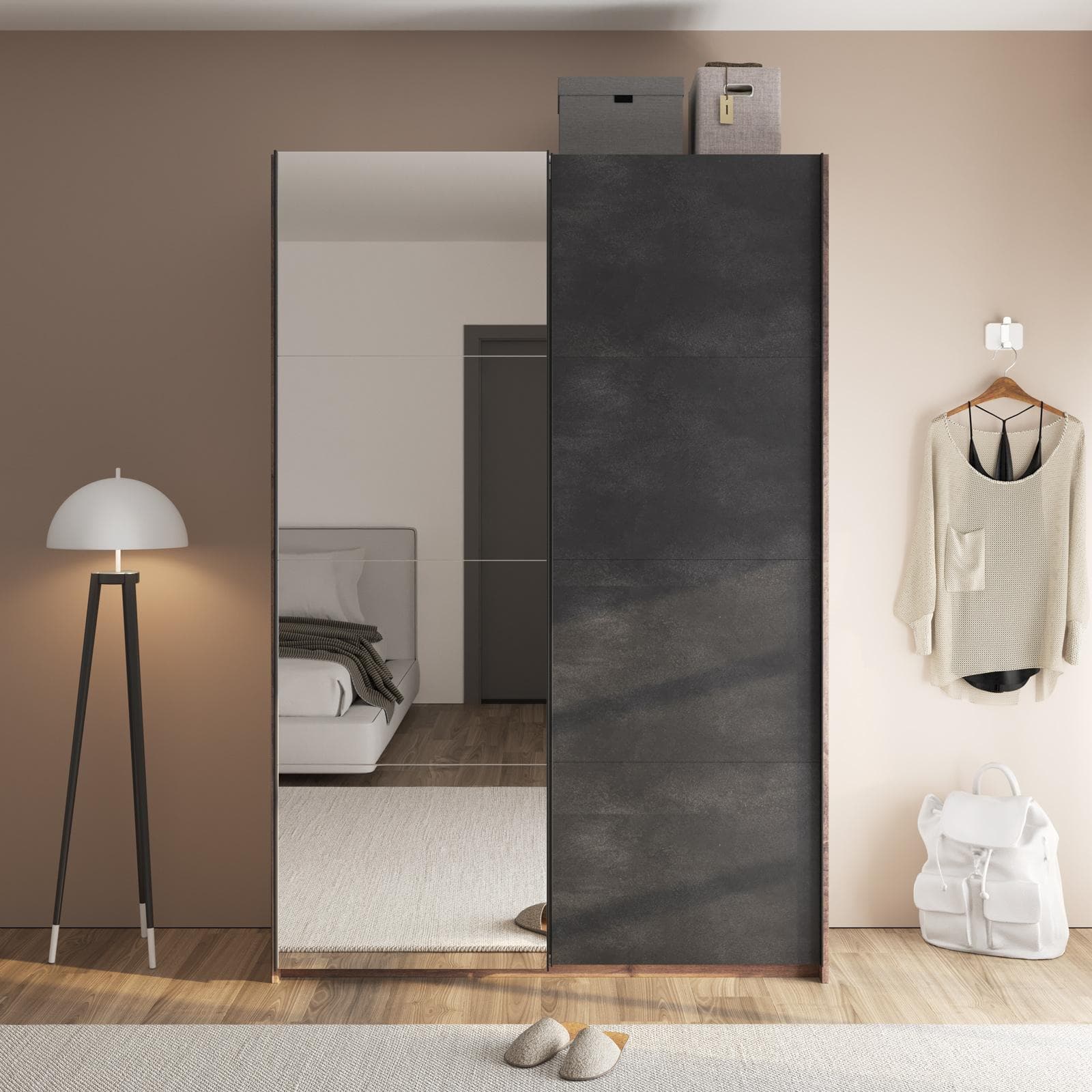 Armadio 150x223h cm noce brera con due ante scorrevoli grigio tadao e specchio - Alen