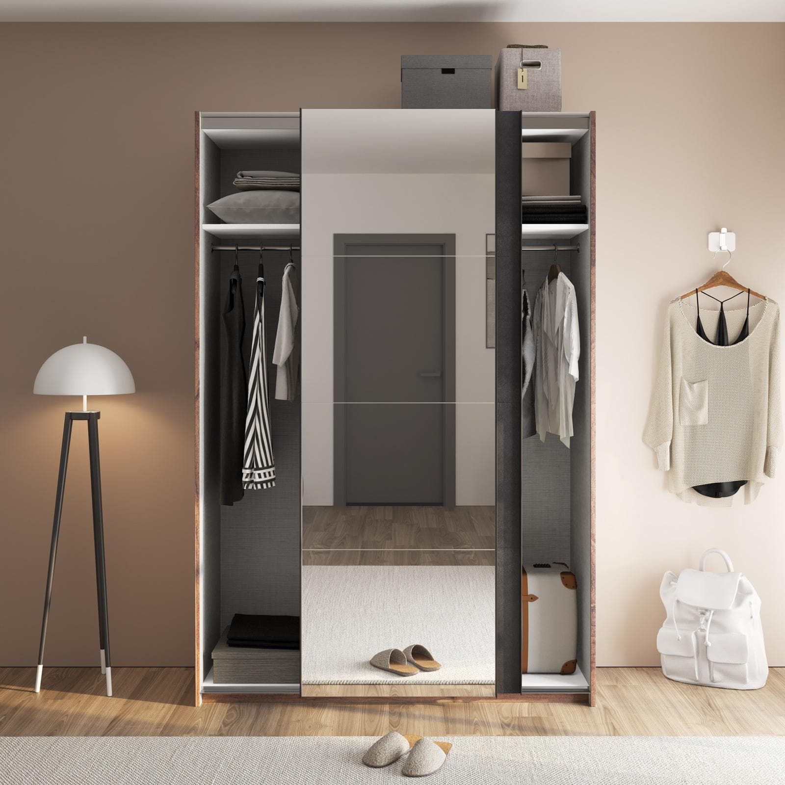 Armadio 150x223h cm noce brera con due ante scorrevoli grigio tadao e specchio - Alen