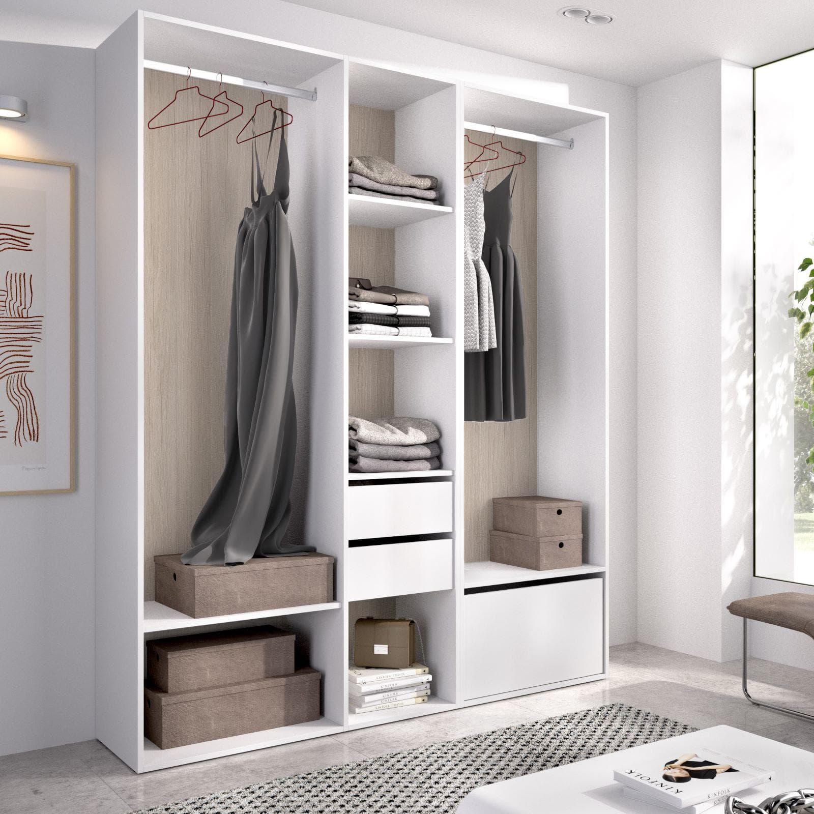 Armadio 158x205h cm reversibile bianco ed effetto rovere naturale con cassetti e scarpiera - Bernac