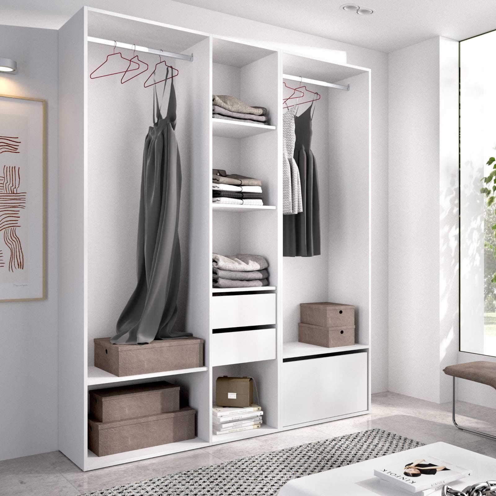 Armadio 158x205h cm reversibile bianco ed effetto rovere naturale con cassetti e scarpiera - Bernac