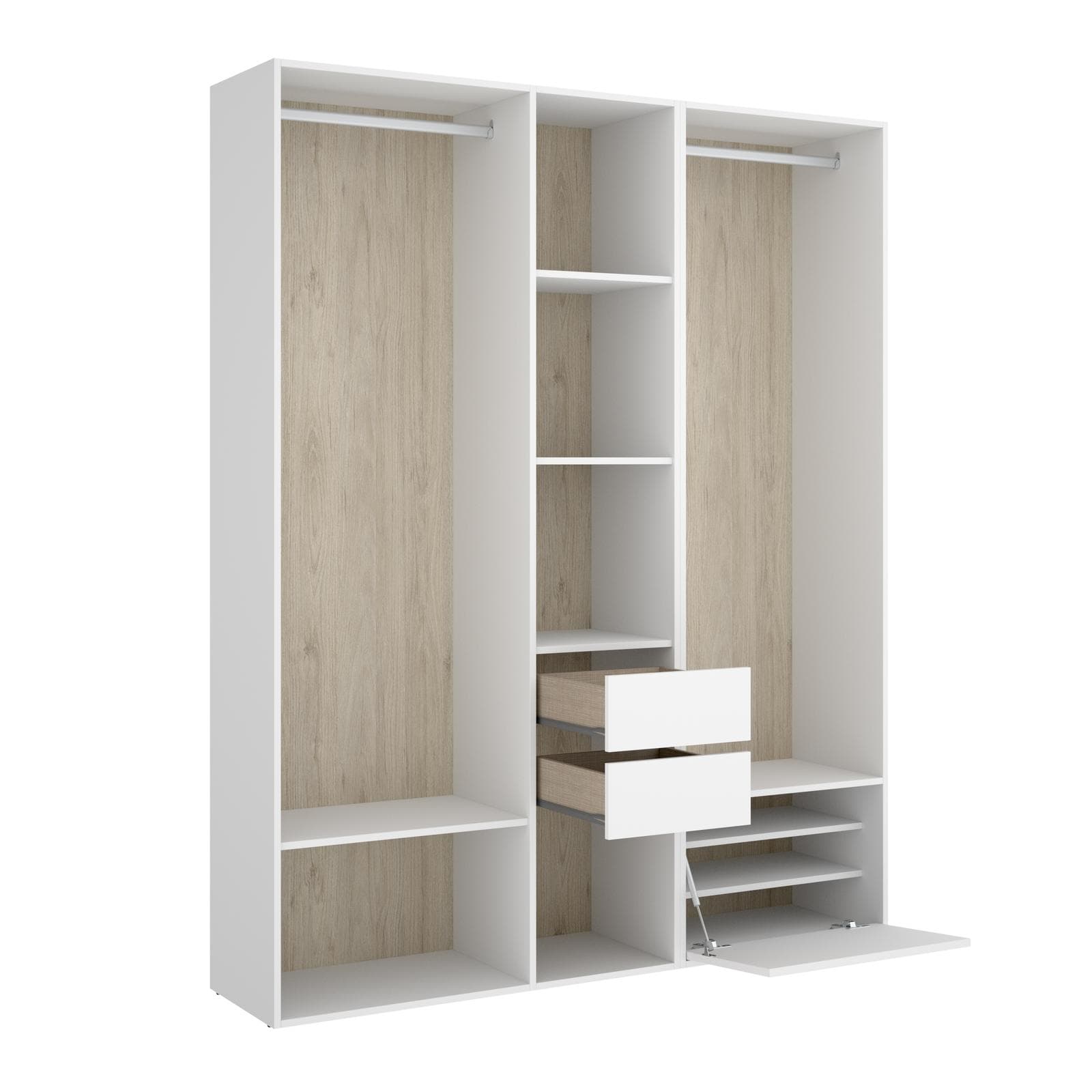 Armadio 158x205h cm reversibile bianco ed effetto rovere naturale con cassetti e scarpiera - Bernac