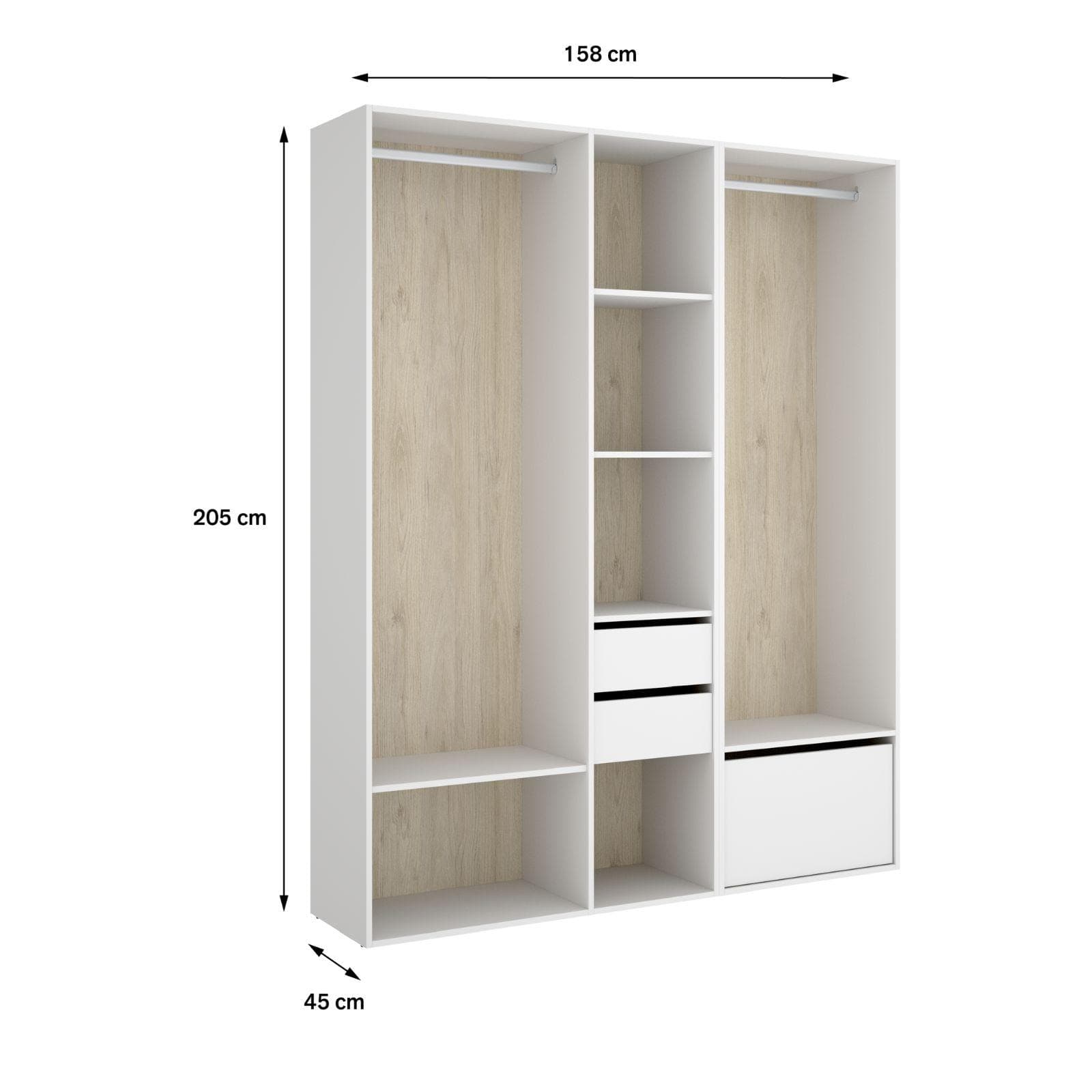 Armadio 158x205h cm reversibile bianco ed effetto rovere naturale con cassetti e scarpiera - Bernac