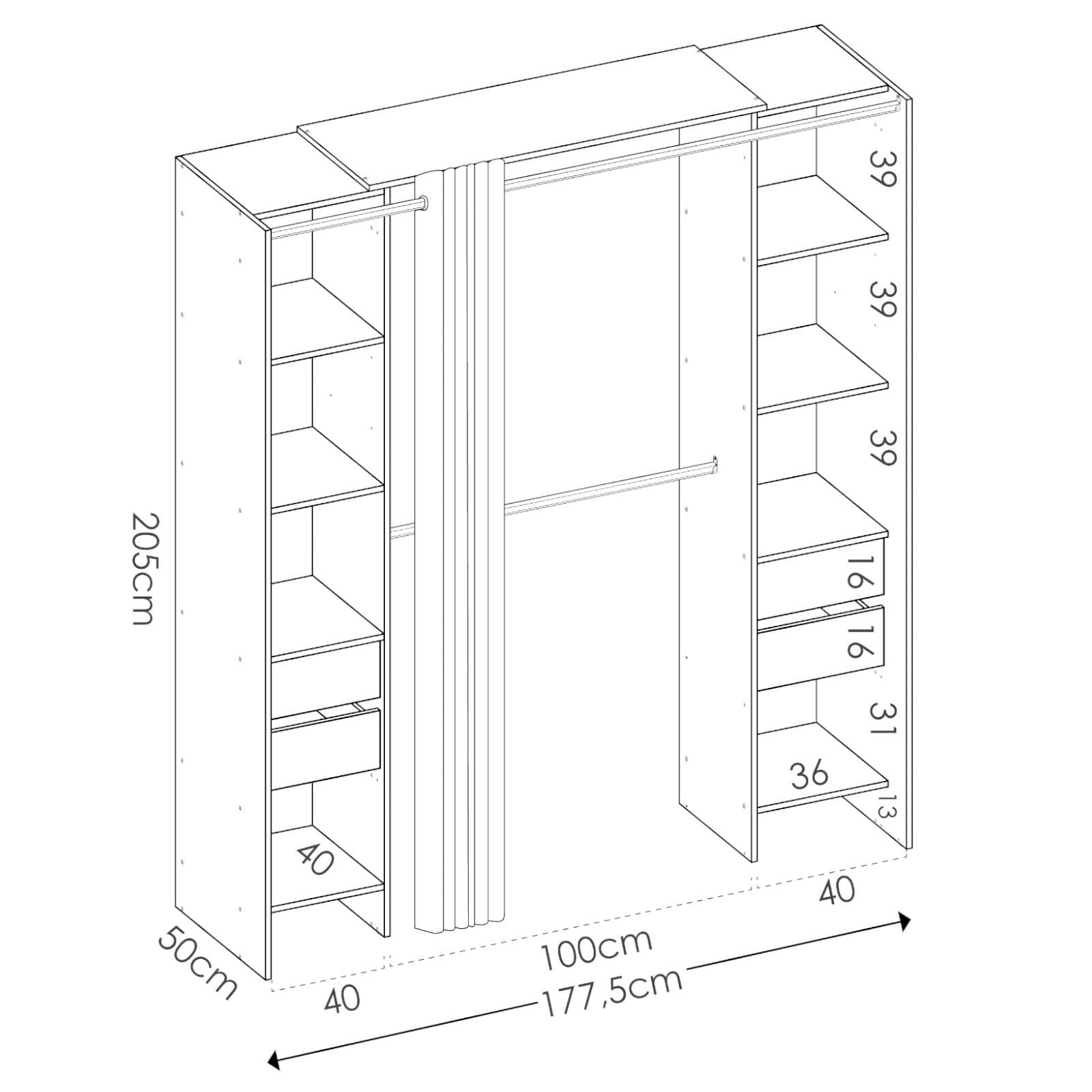 Armadio 180x205 h cm in legno bianco con tenda - Bernac