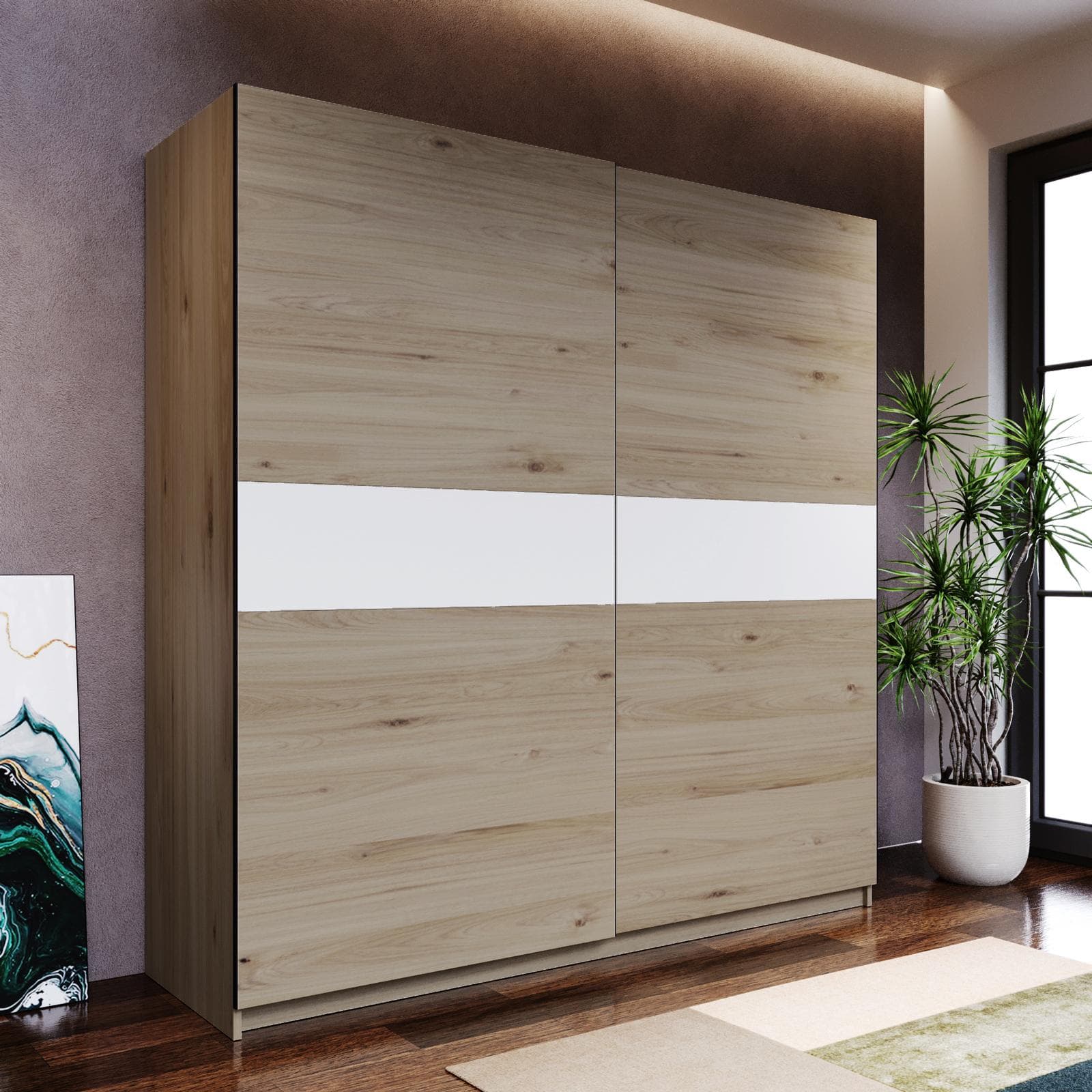Armadio 200x205h cm con 2 ante scorrevoli rovere con inserto bianco - Essex