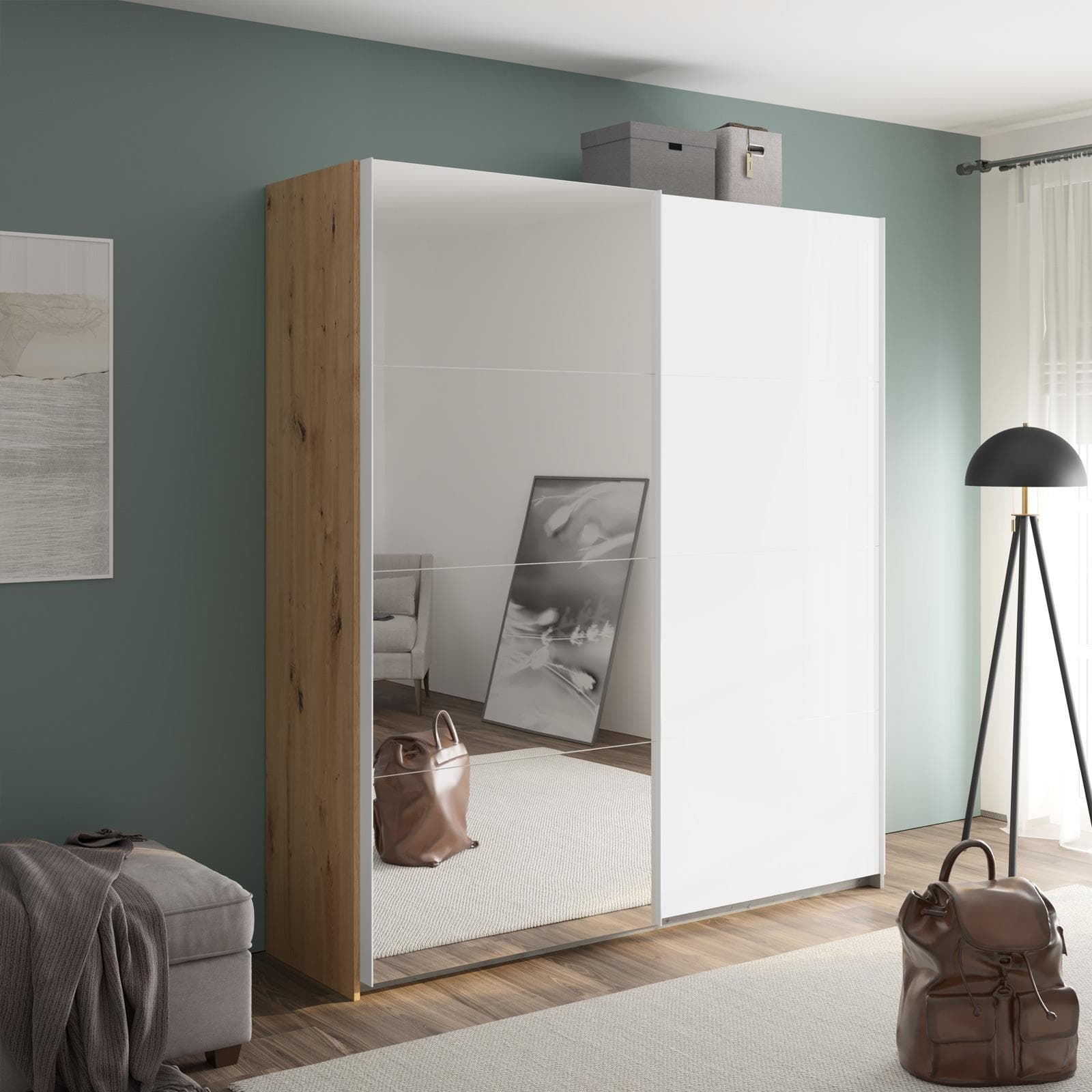 Armadio 200x223h cm con due ante scorrevoli in bianco opaco e rovere con specchio - Alen