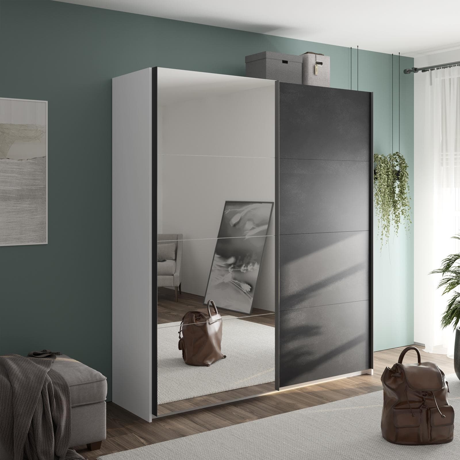 Armadio 200x223h cm bianco opaco con due ante scorrevoli grigio tadao e specchio - Alen