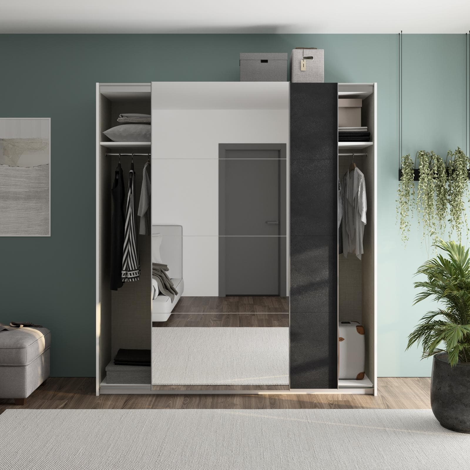 Armadio 200x223h cm bianco opaco con due ante scorrevoli grigio tadao e specchio - Alen