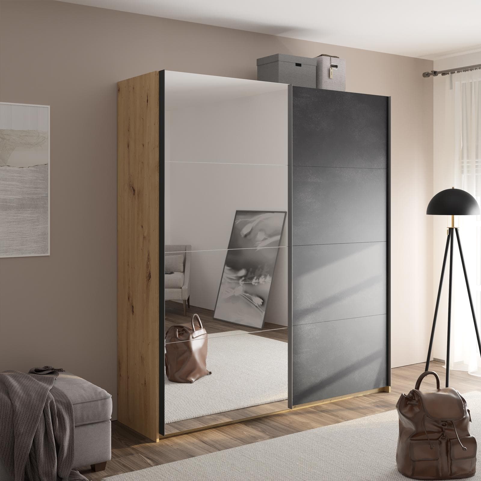 Armadio 200x223h cm rovere artisan con due ante scorrevoli in grigio tadao e specchio - Alen
