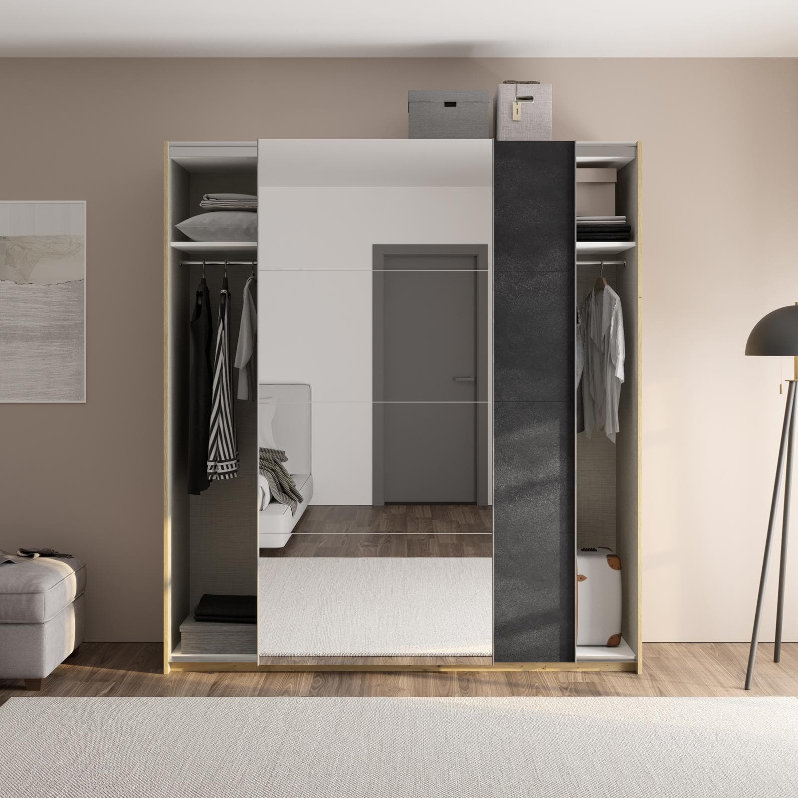 Armadio 200x223h cm rovere artisan con due ante scorrevoli in grigio tadao e specchio - Alen
